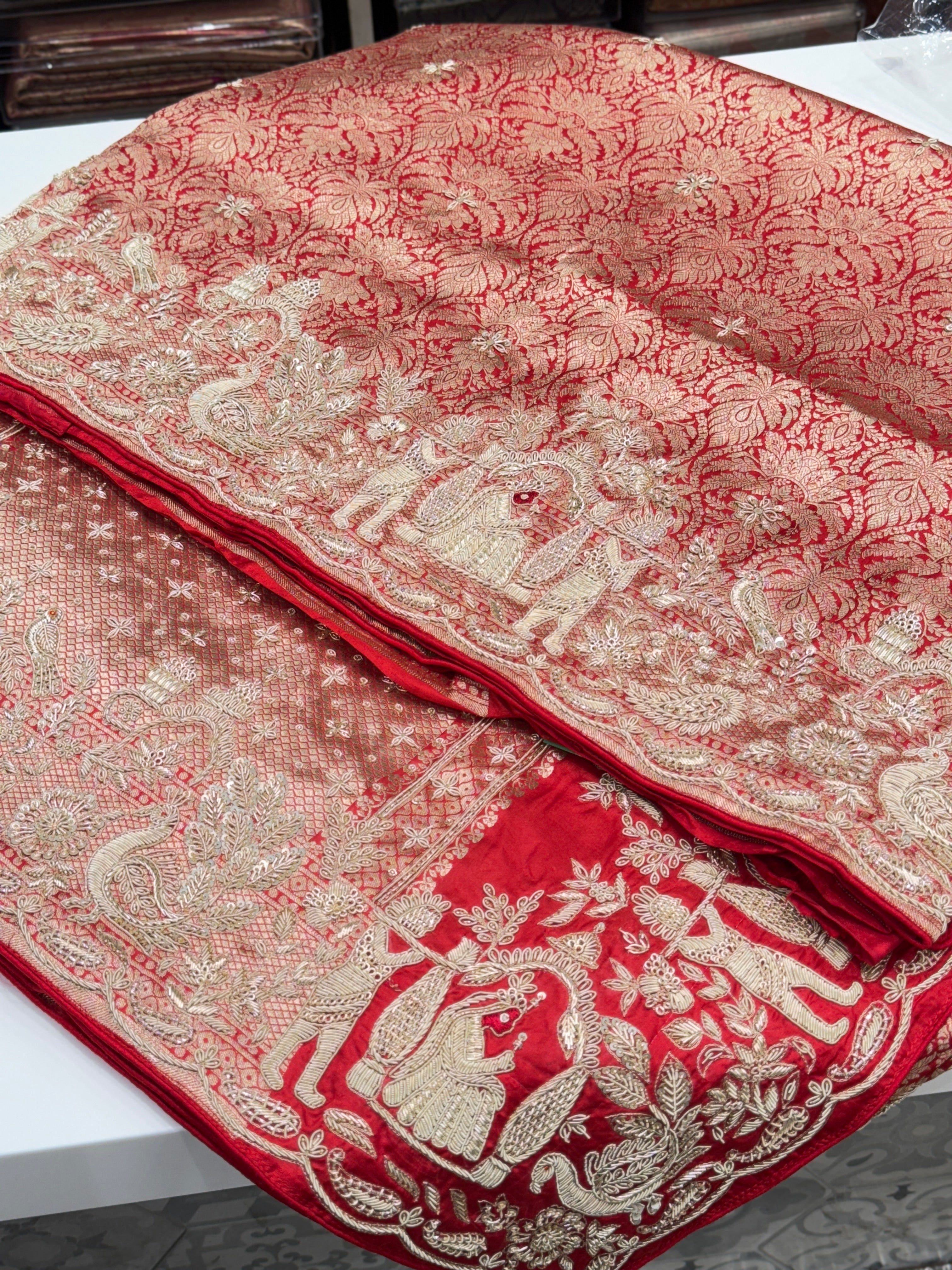 Red Banarasi Katan Doli Edit Zardosi Saree