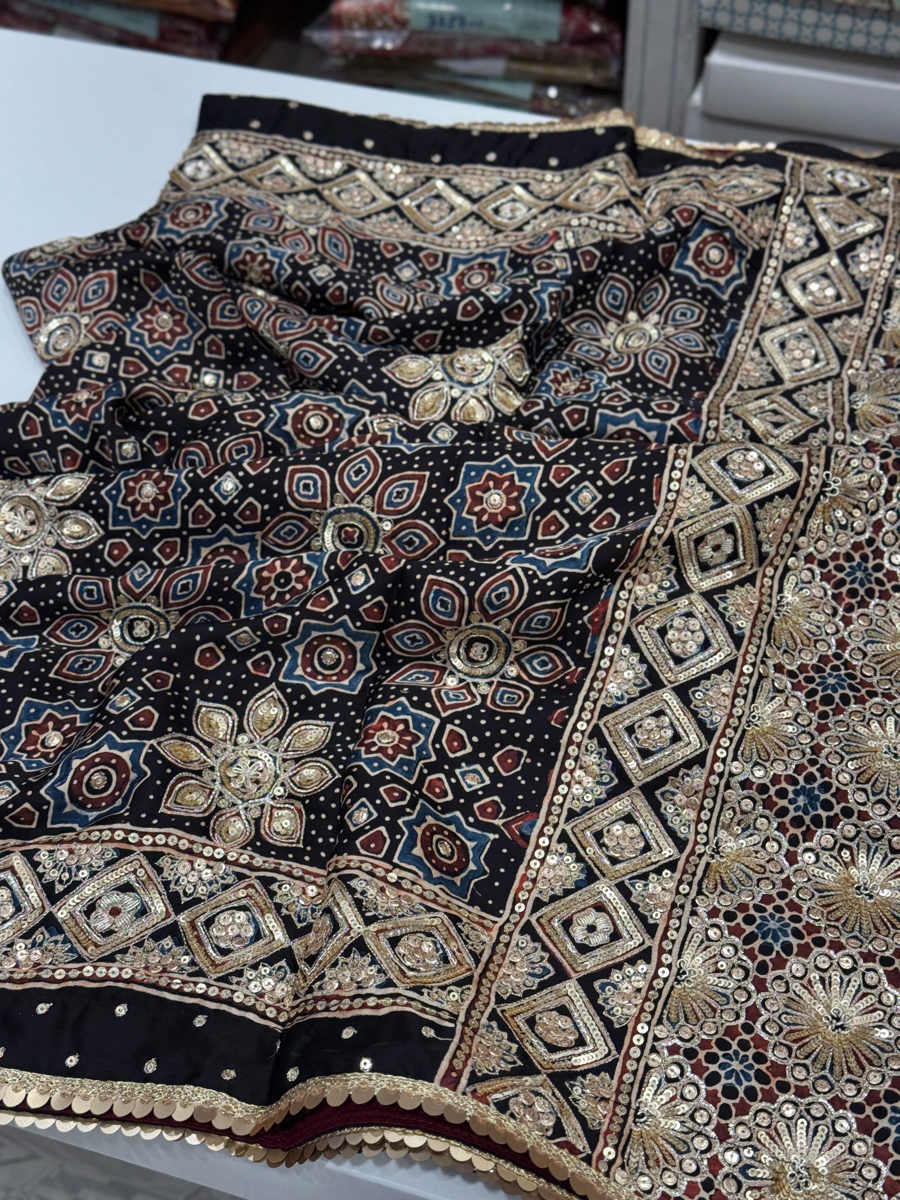 Ajrakh Hand Embroidery Zardosi and Pita Work