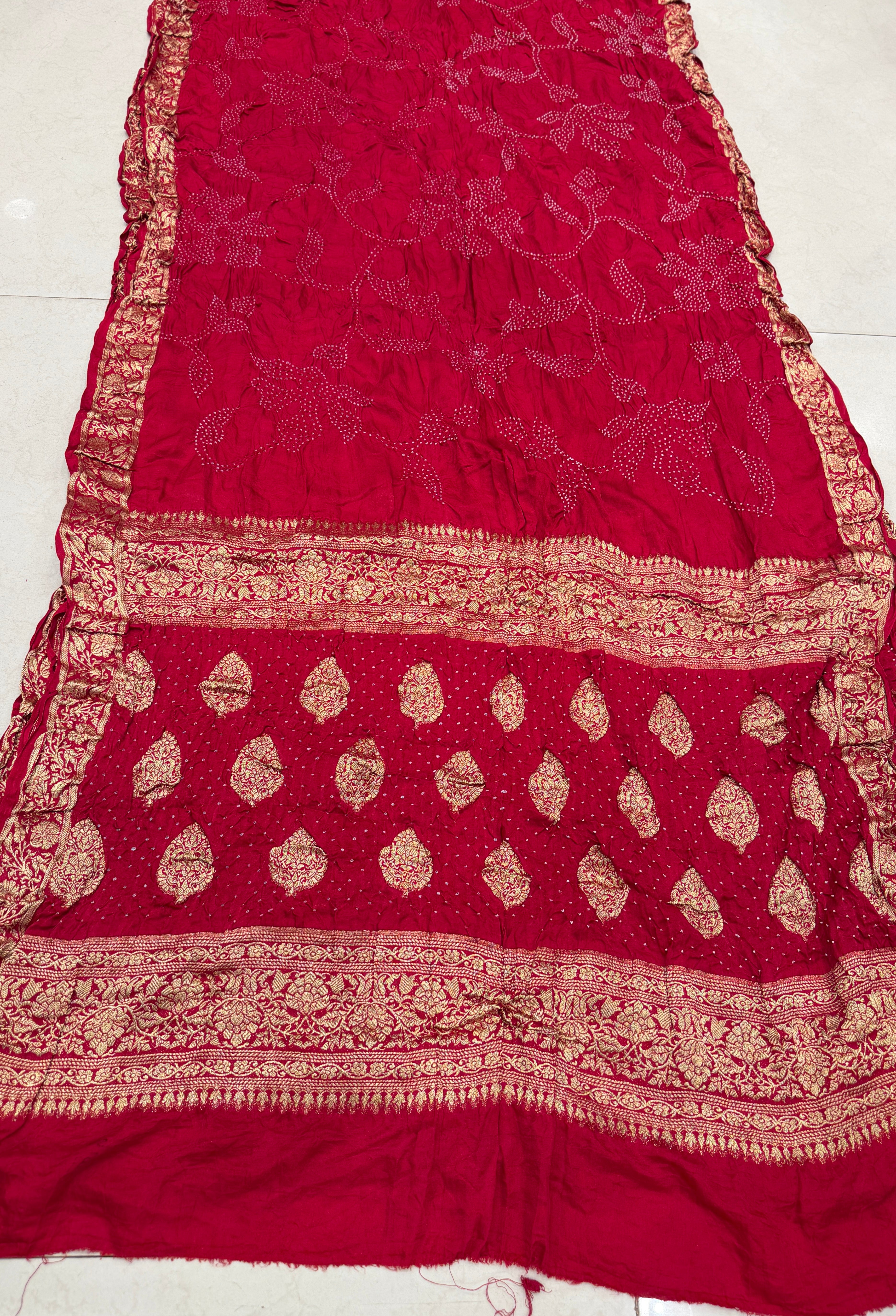 Red Ambadal Pure Gajji Silk Rai Bandhej Hand Made Saree