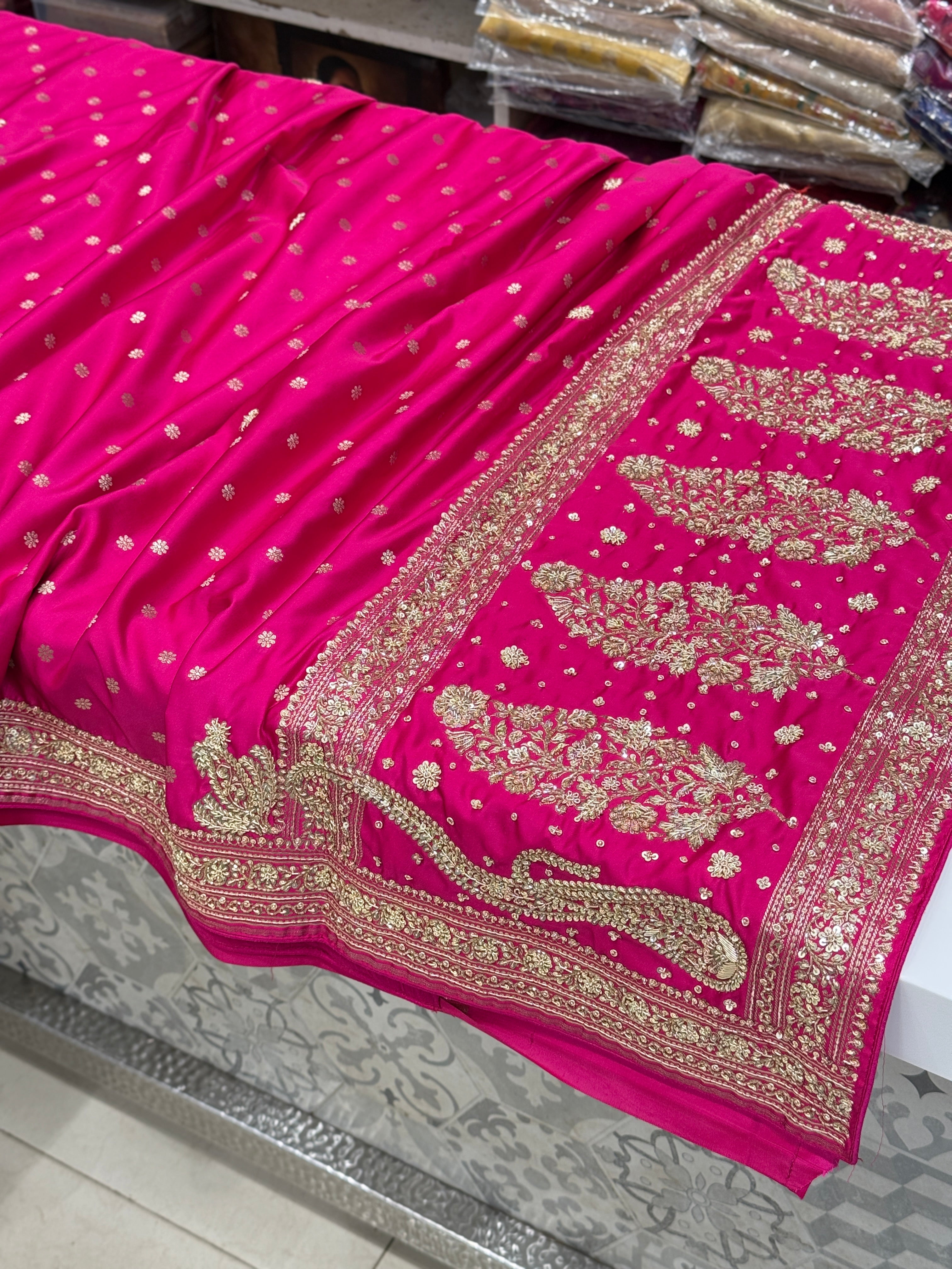 Rani Pink Banarasi Star Butti Hand Done Zardosi Saree
