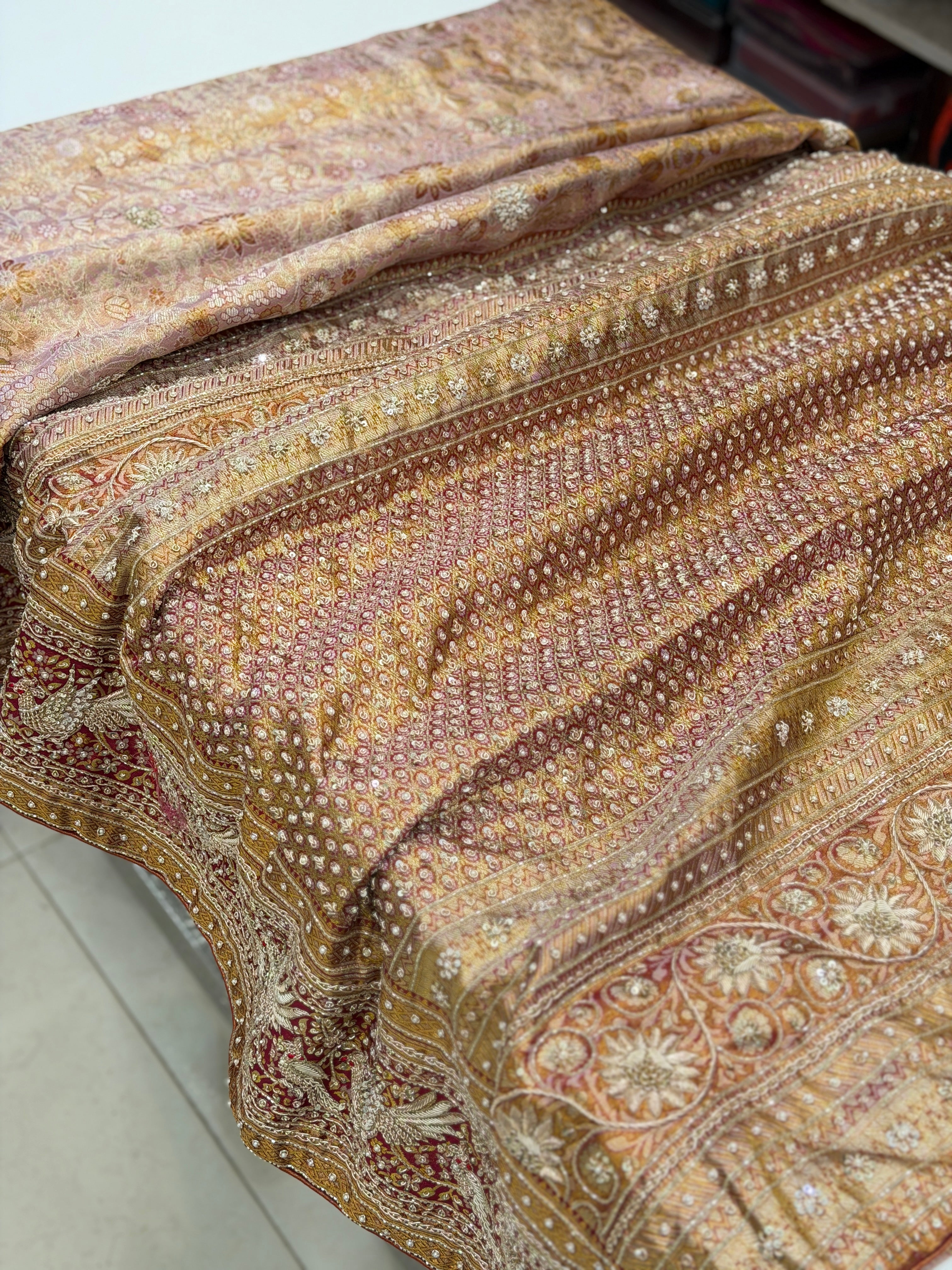 Pastel Pink Meenakari Tissue Kanjivaram Zardosi Hand Embroidery Saree