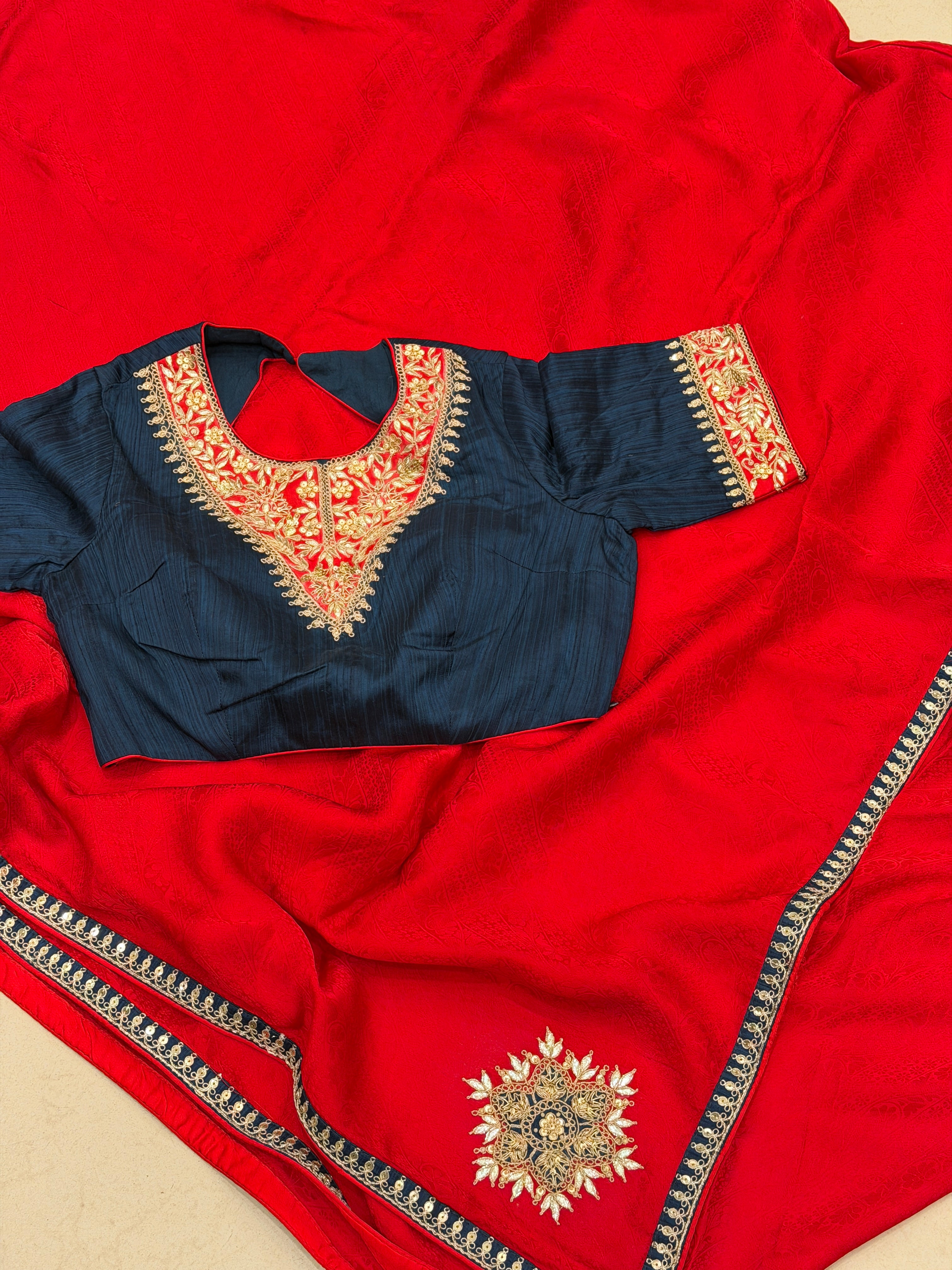 Red Jaquard Crepe Saree with Gotapatti Marodi Stitched Blouse