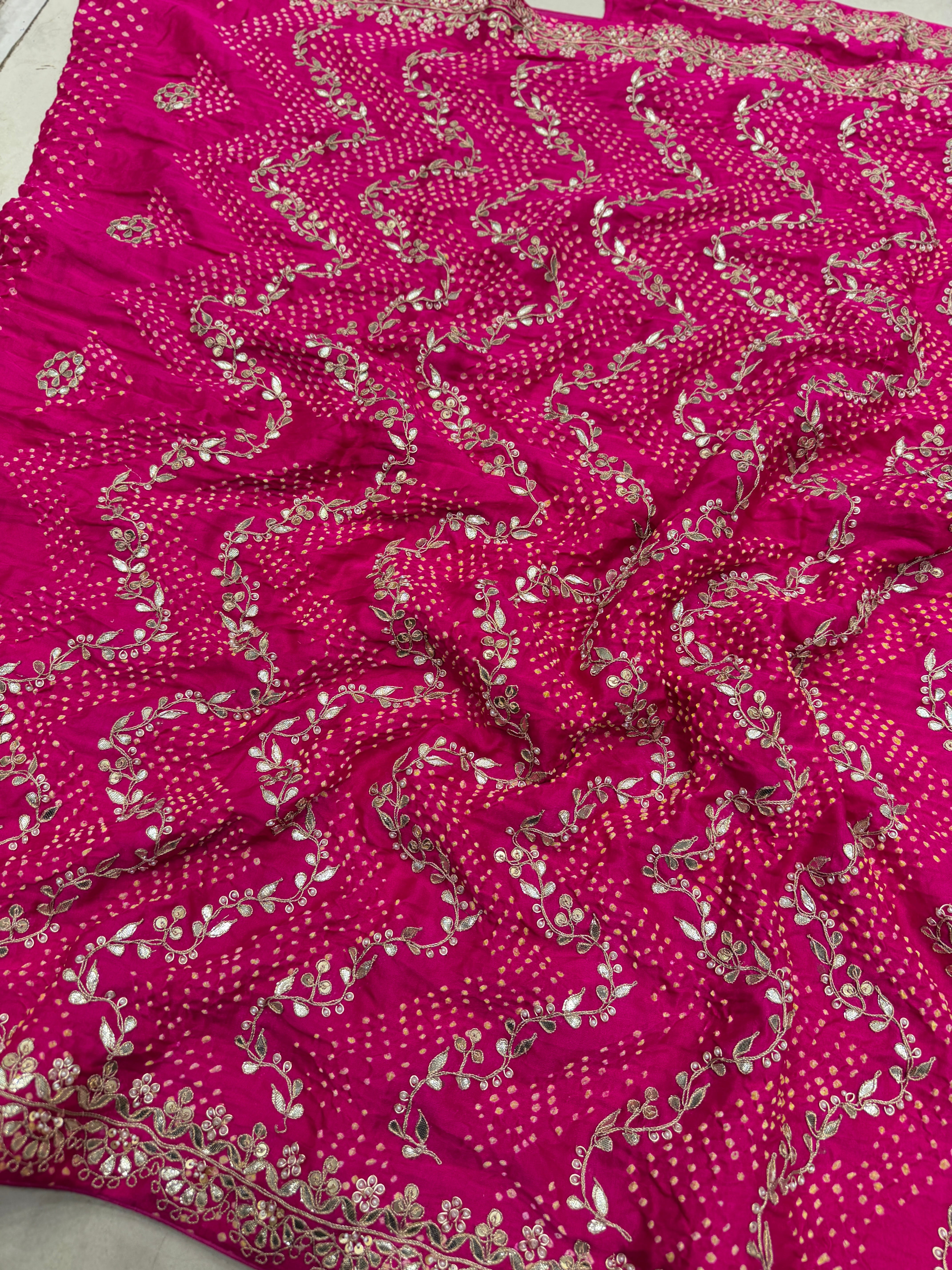 Rani Pink Gajji Silk Rai Bandhej Hand Done Gotapatti Saree