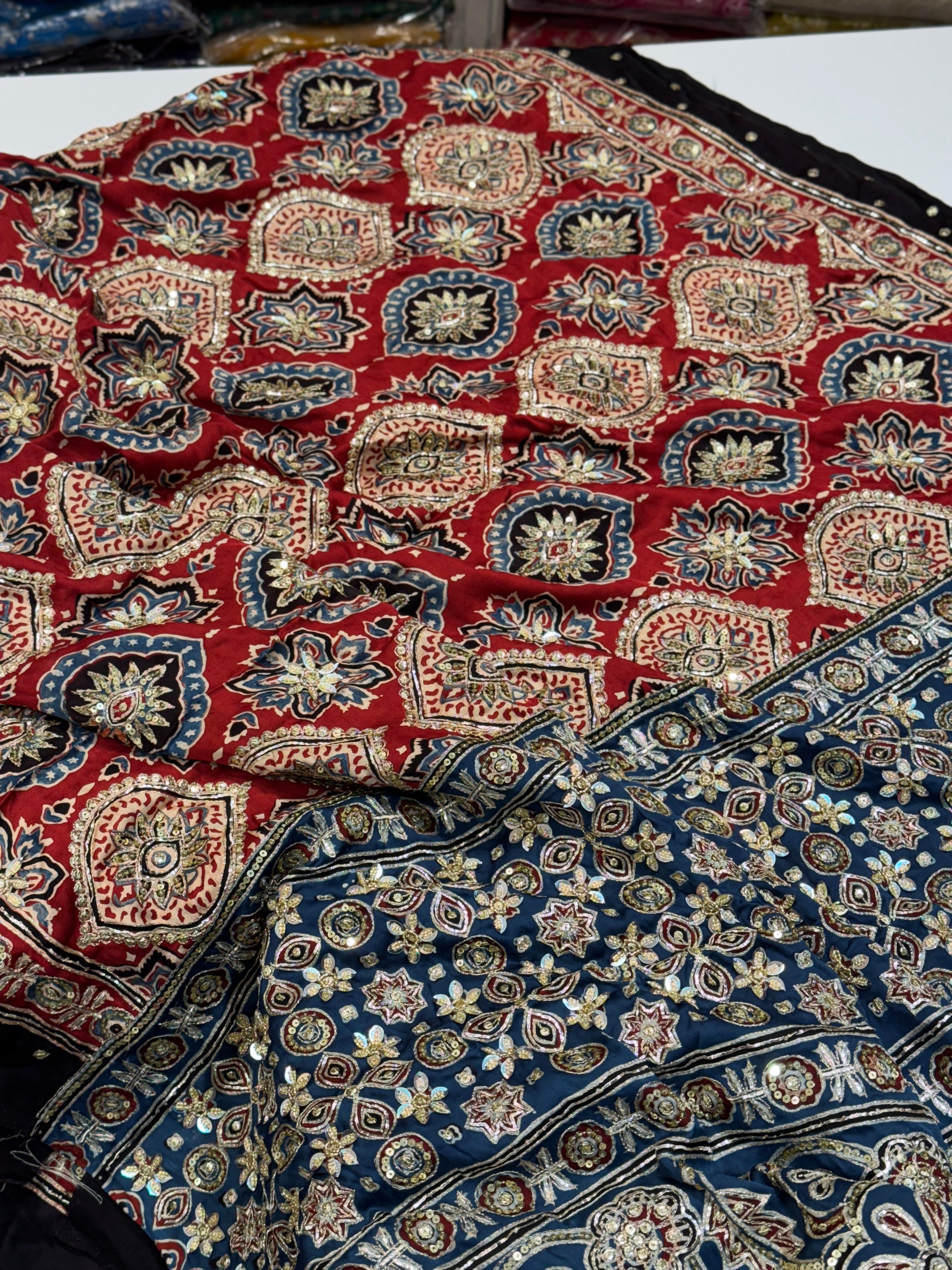 Red Blue Pallu Badam Jaal Ajrakh Hand Embroidery Saree