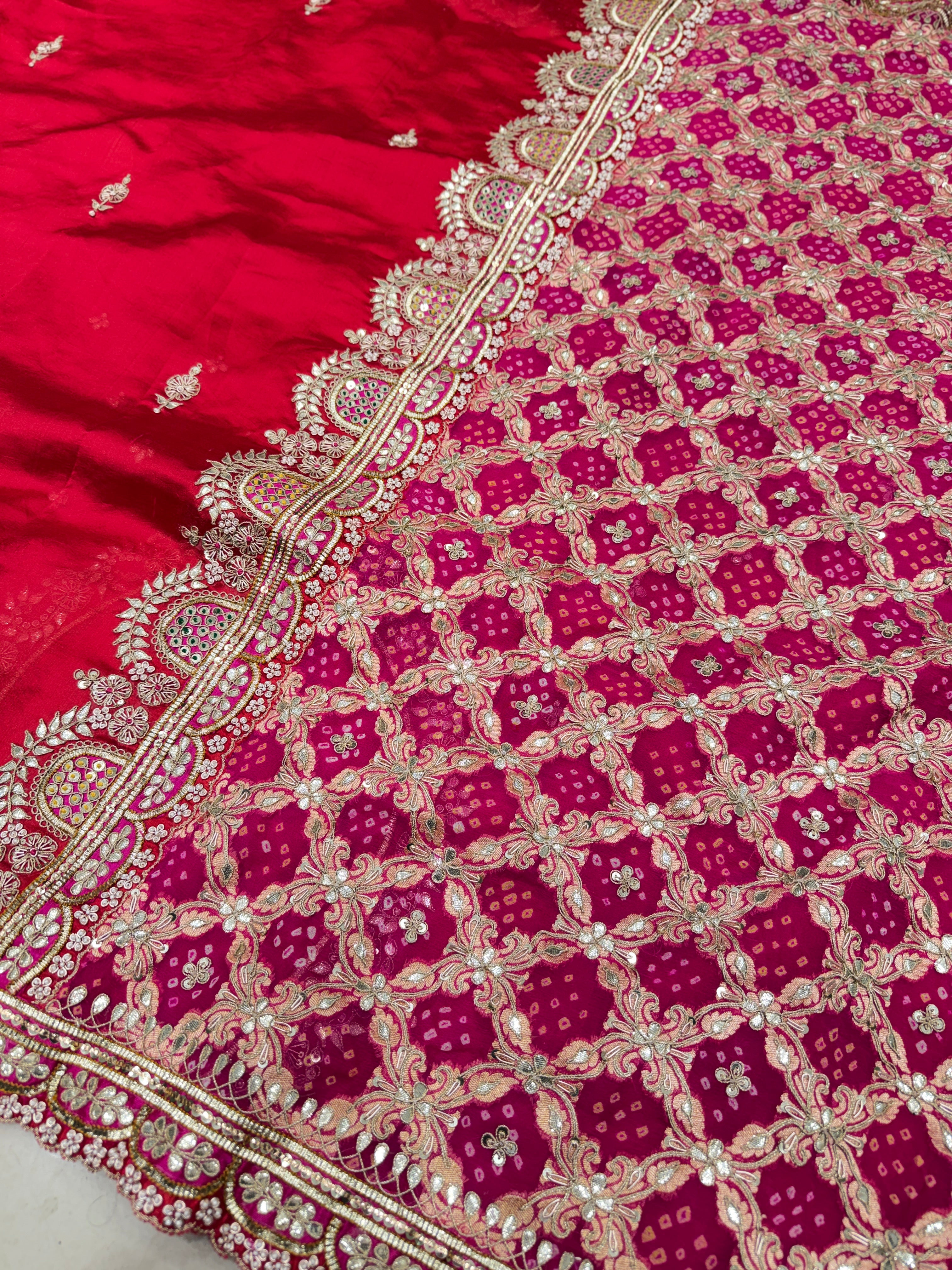 Red with Rani Pink Pure Silk Bandhej Marodi Hand Embroidery Saree