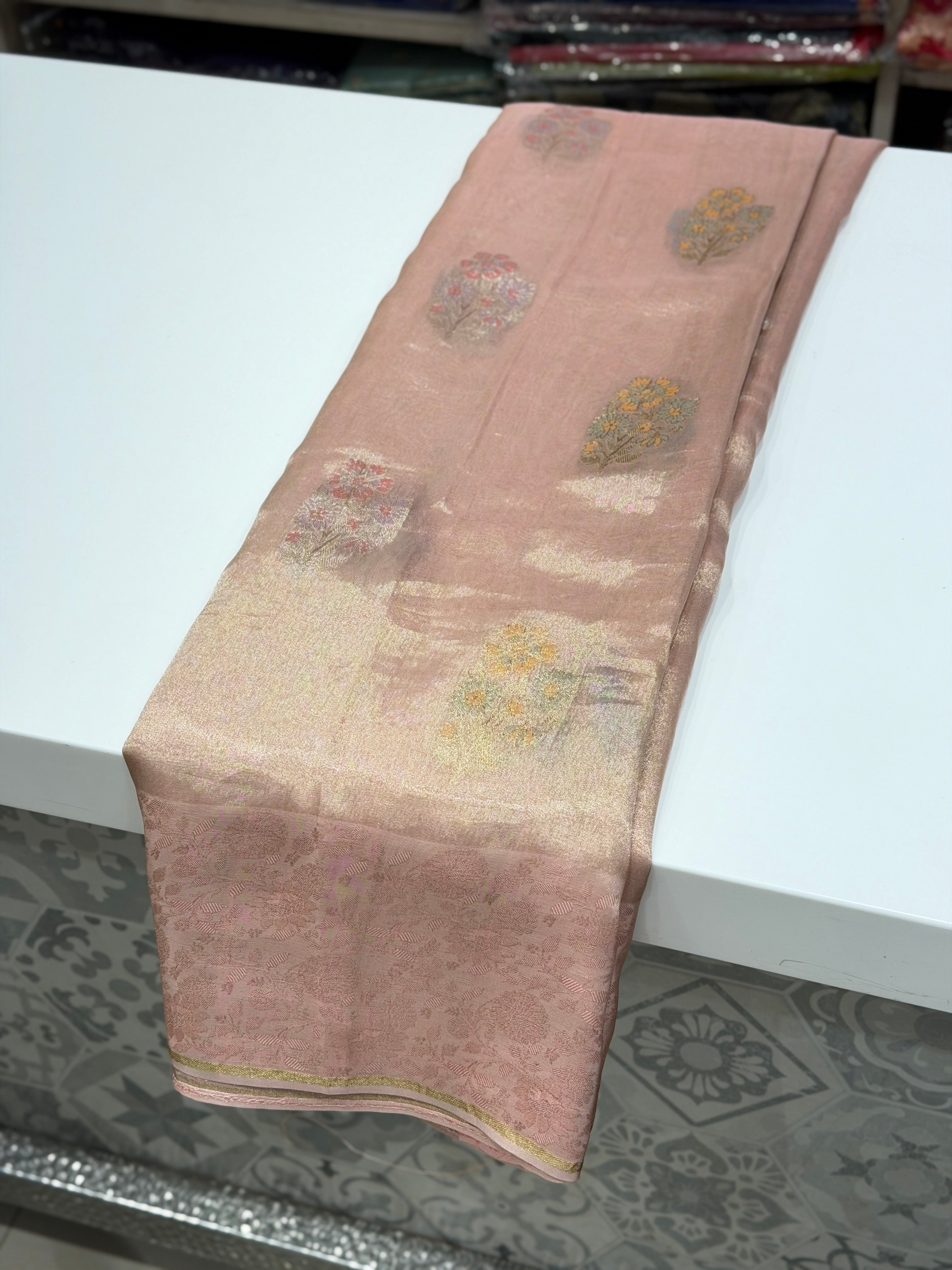 Pink Meenakari Tissue Buttas Banarasi Saree