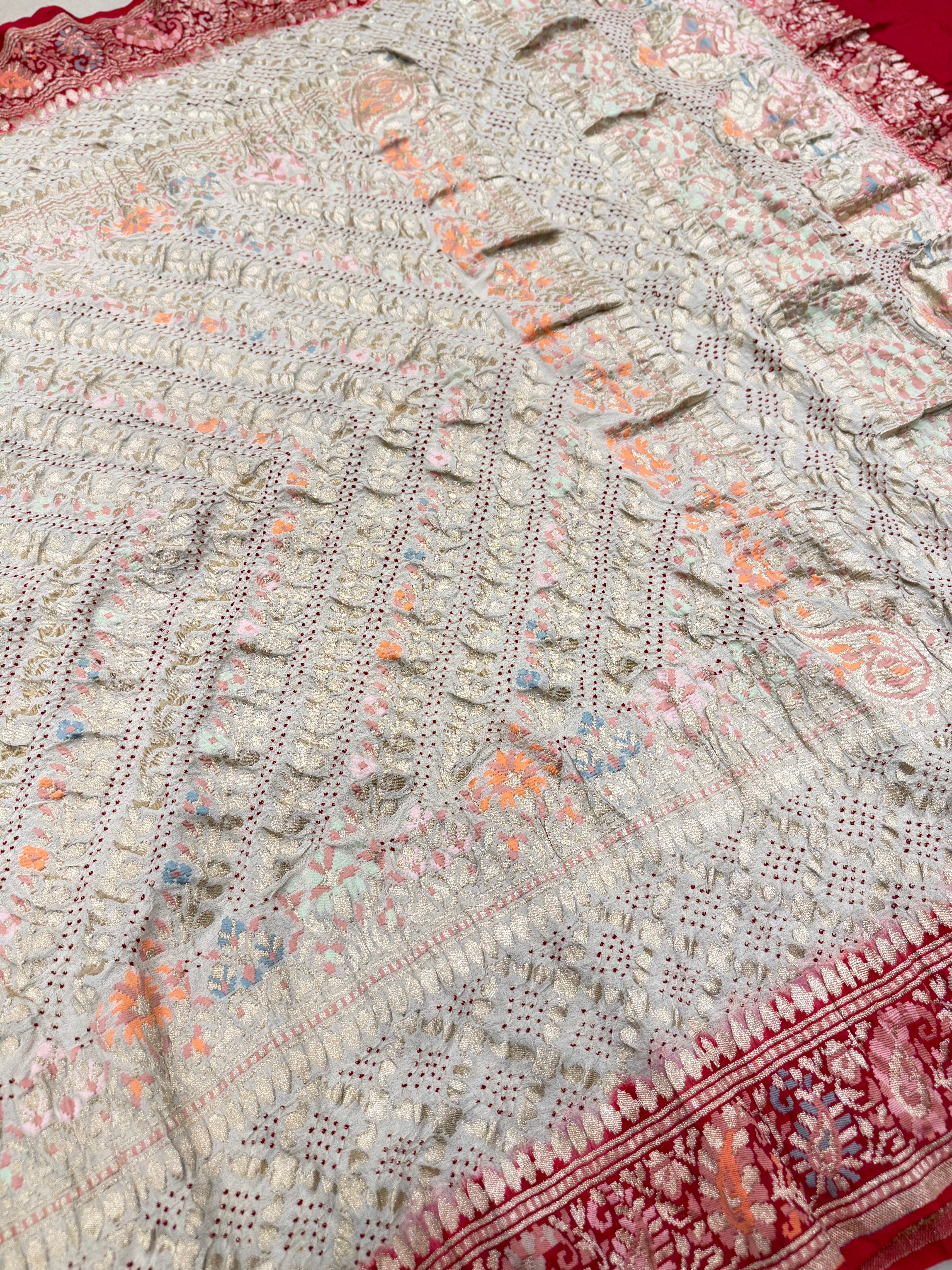 Beige Red Meenakari Rai Bandhej Pashmina Style Weave Saree
