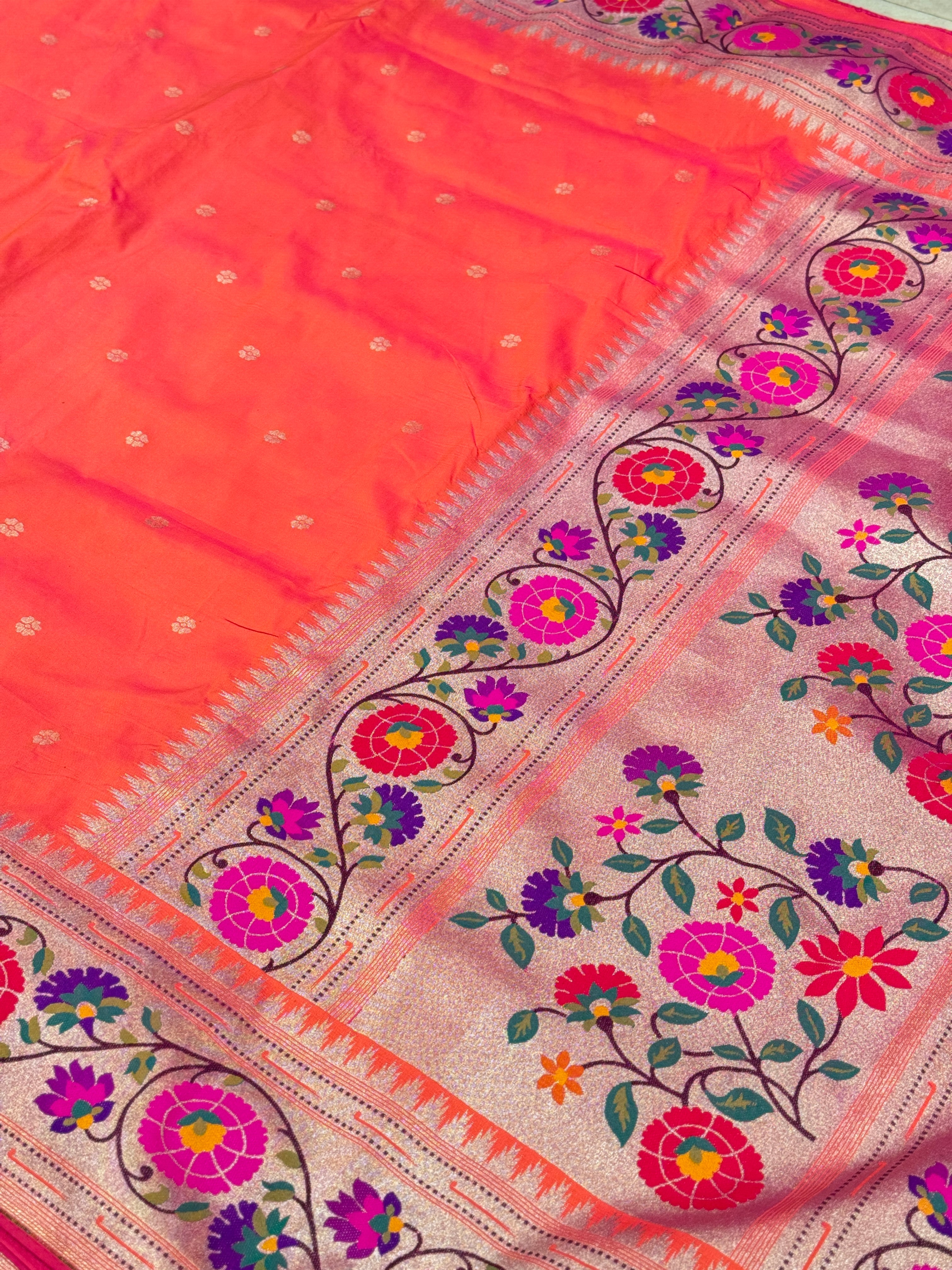 Peach Dhup Chav Lotus Border Paithani Silk Saree