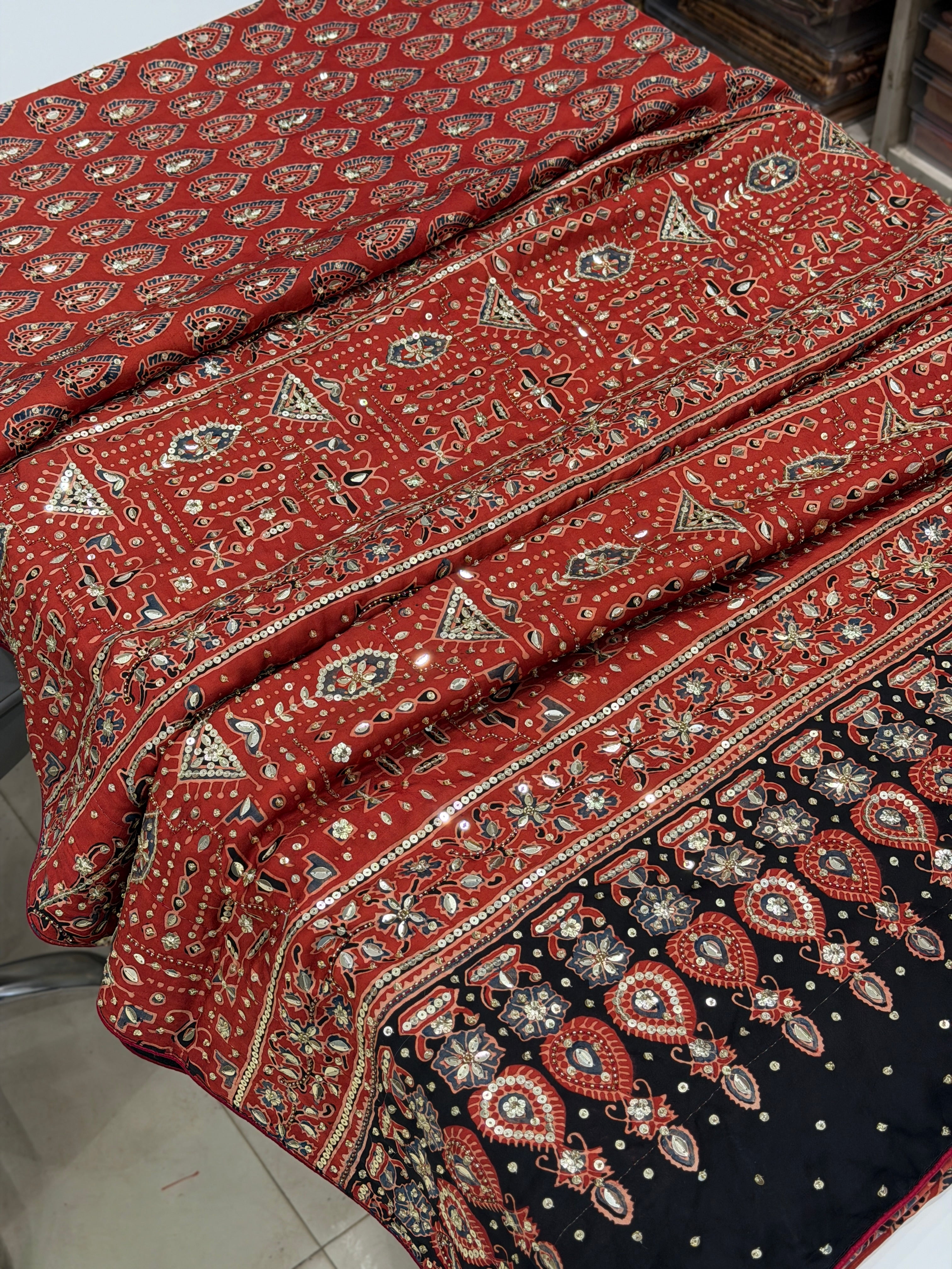Red Butti Ajrakh Sequin Moti Hand Embroidery Saree