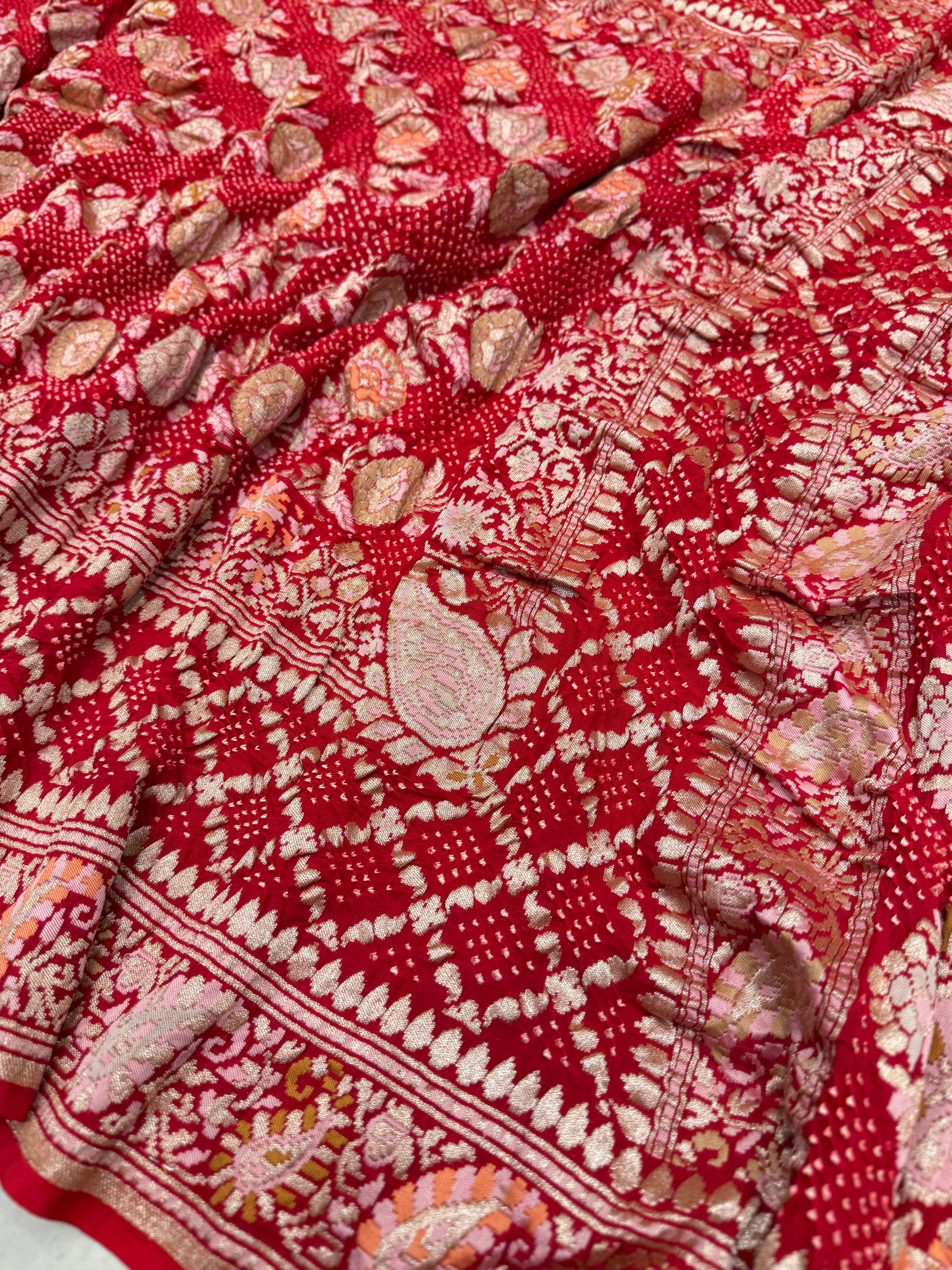 Red Double Border Meenakari Rai Bandhej Georgette Bandhini Saree