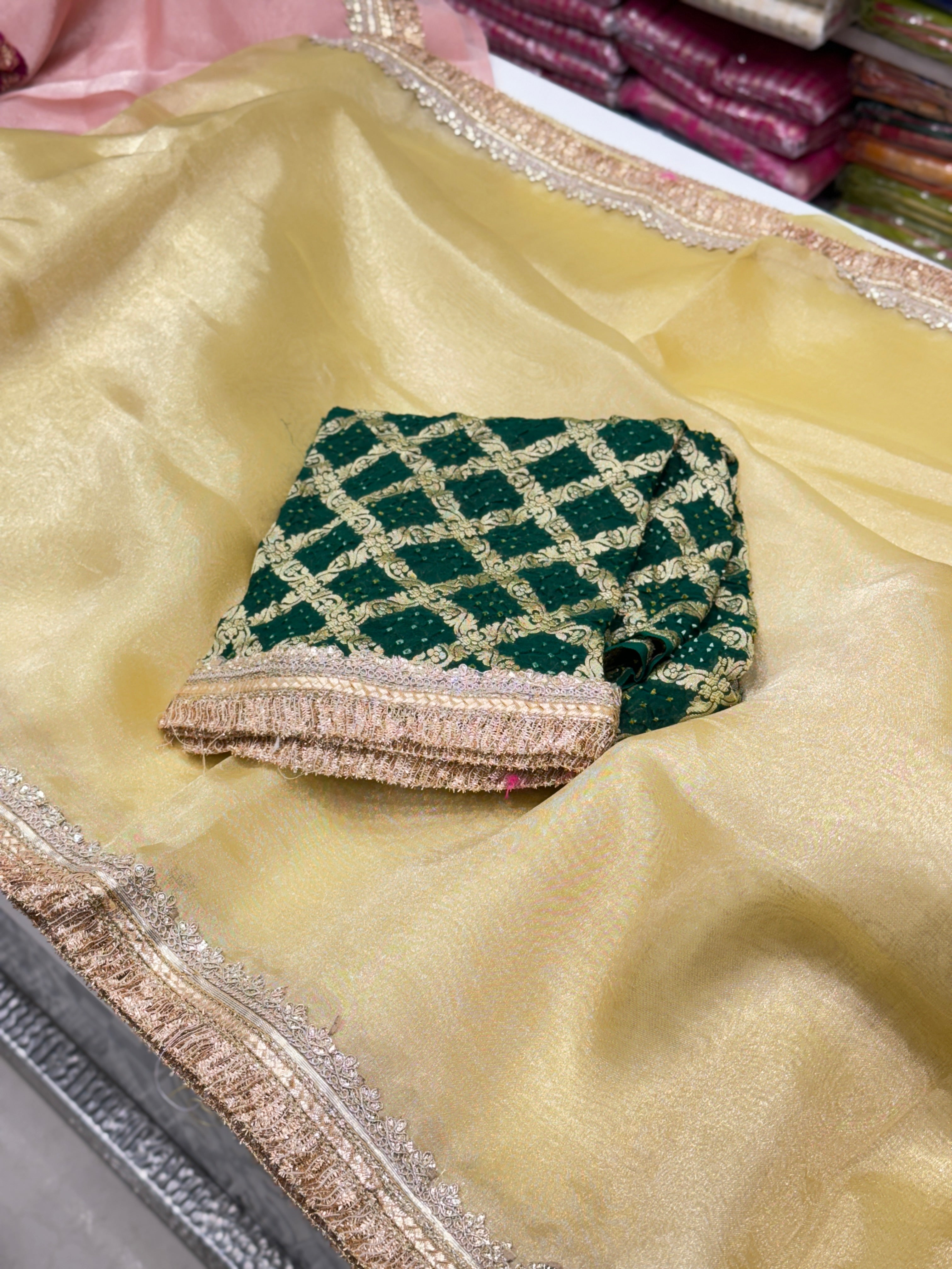 Pista Handloom Banarasi Tissue With Bandhej Blouse