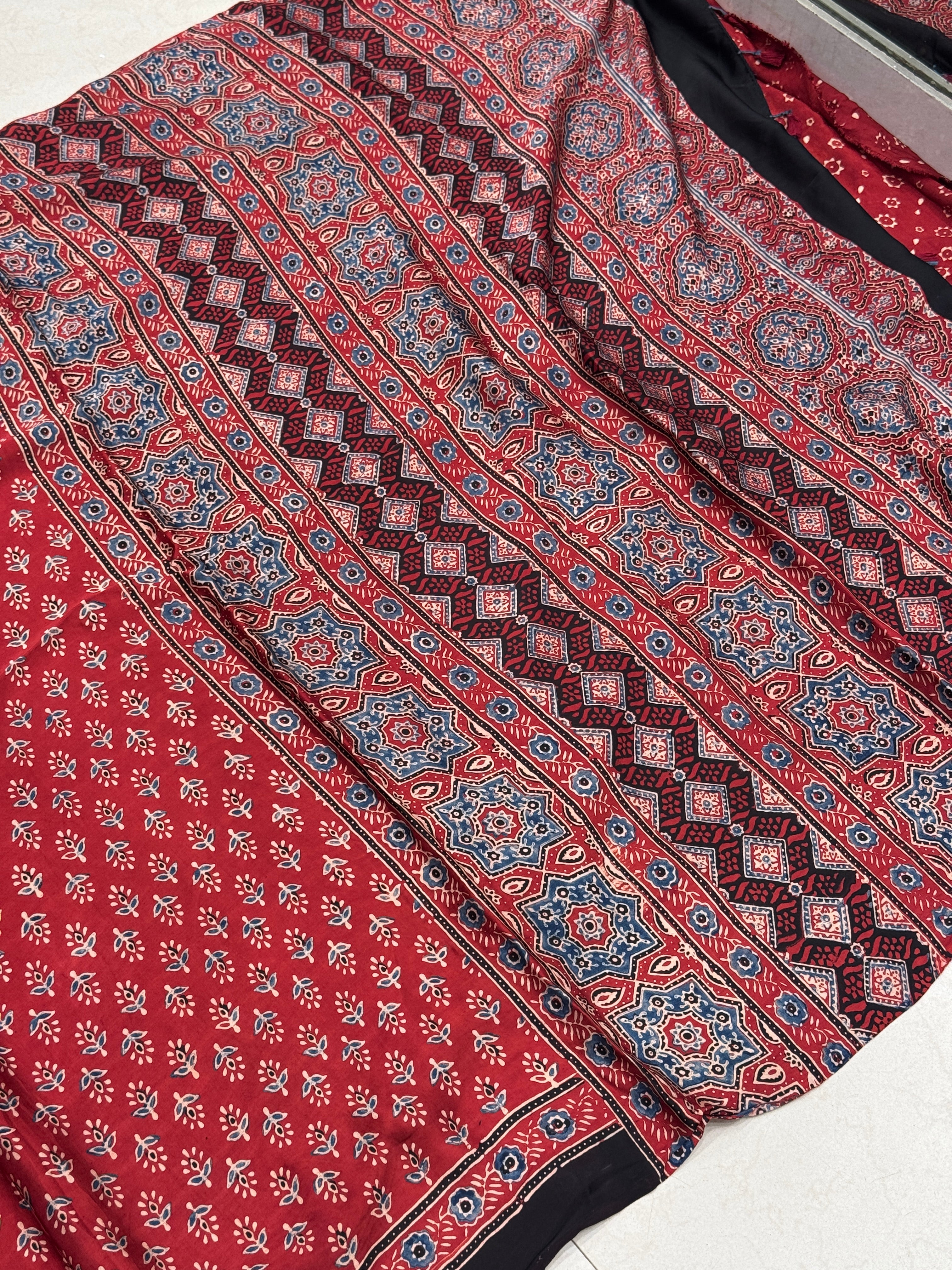 Red Buttis Ajrakh Saree Modal Gajji Silk Hand Block Print