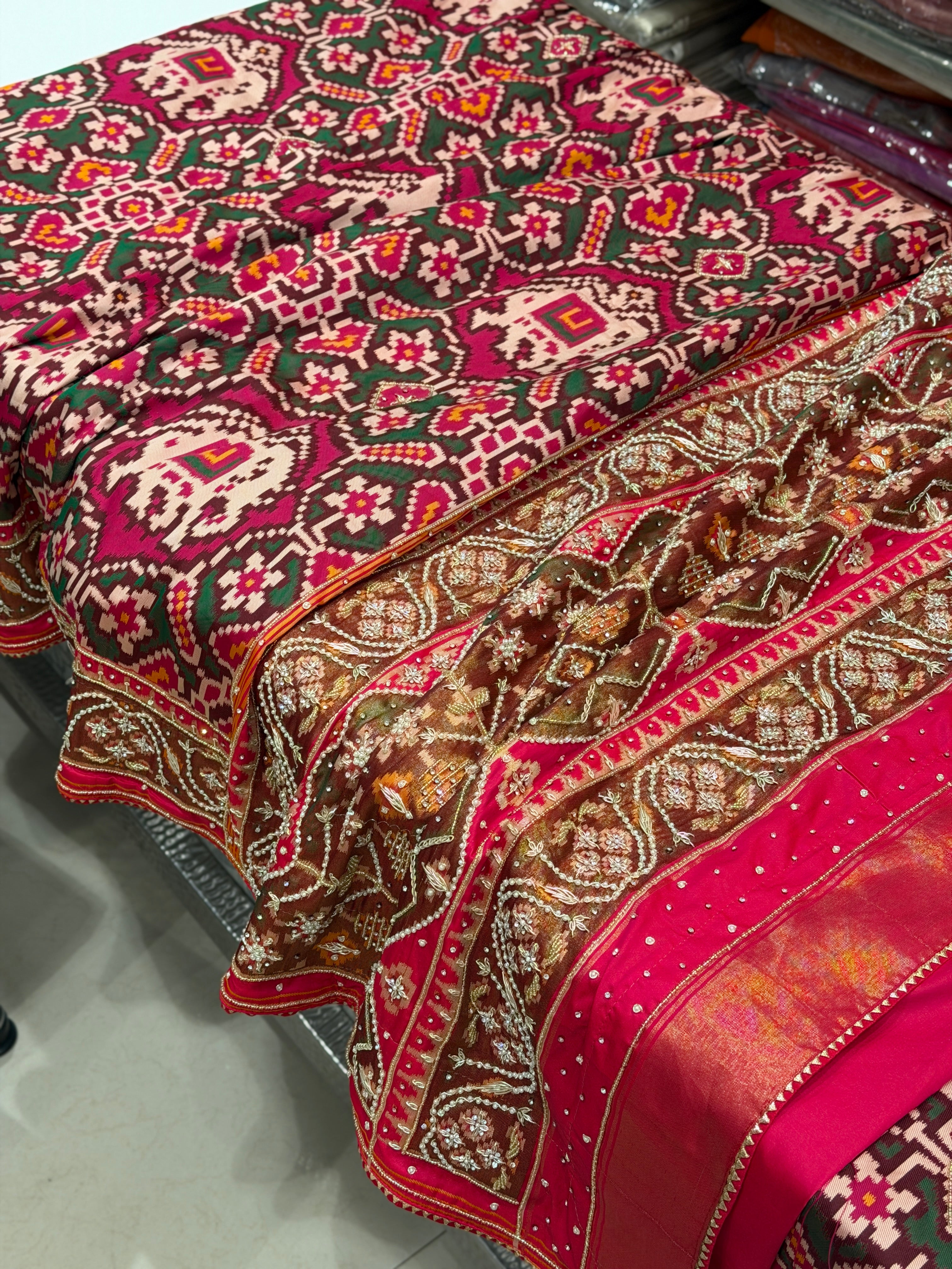 Rani Chabdi Bhat Weave Banarasi Patola Hand Embroidery Saree