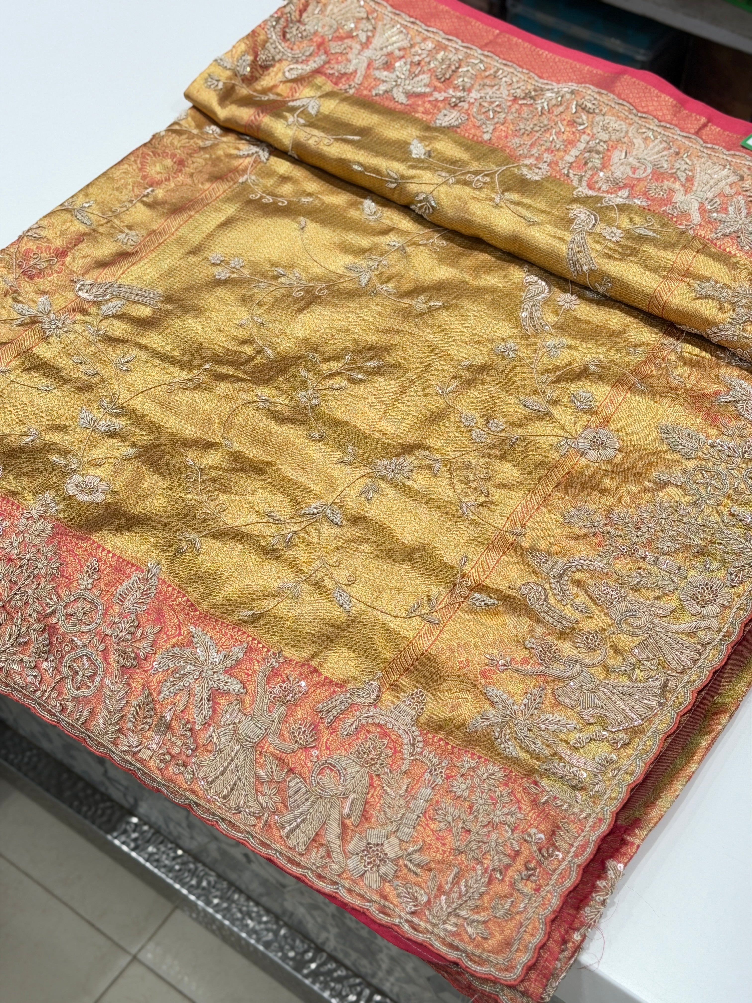 Rose Tissue Kanjivaram Zardosi Hand Embroidery Doli Edit Saree