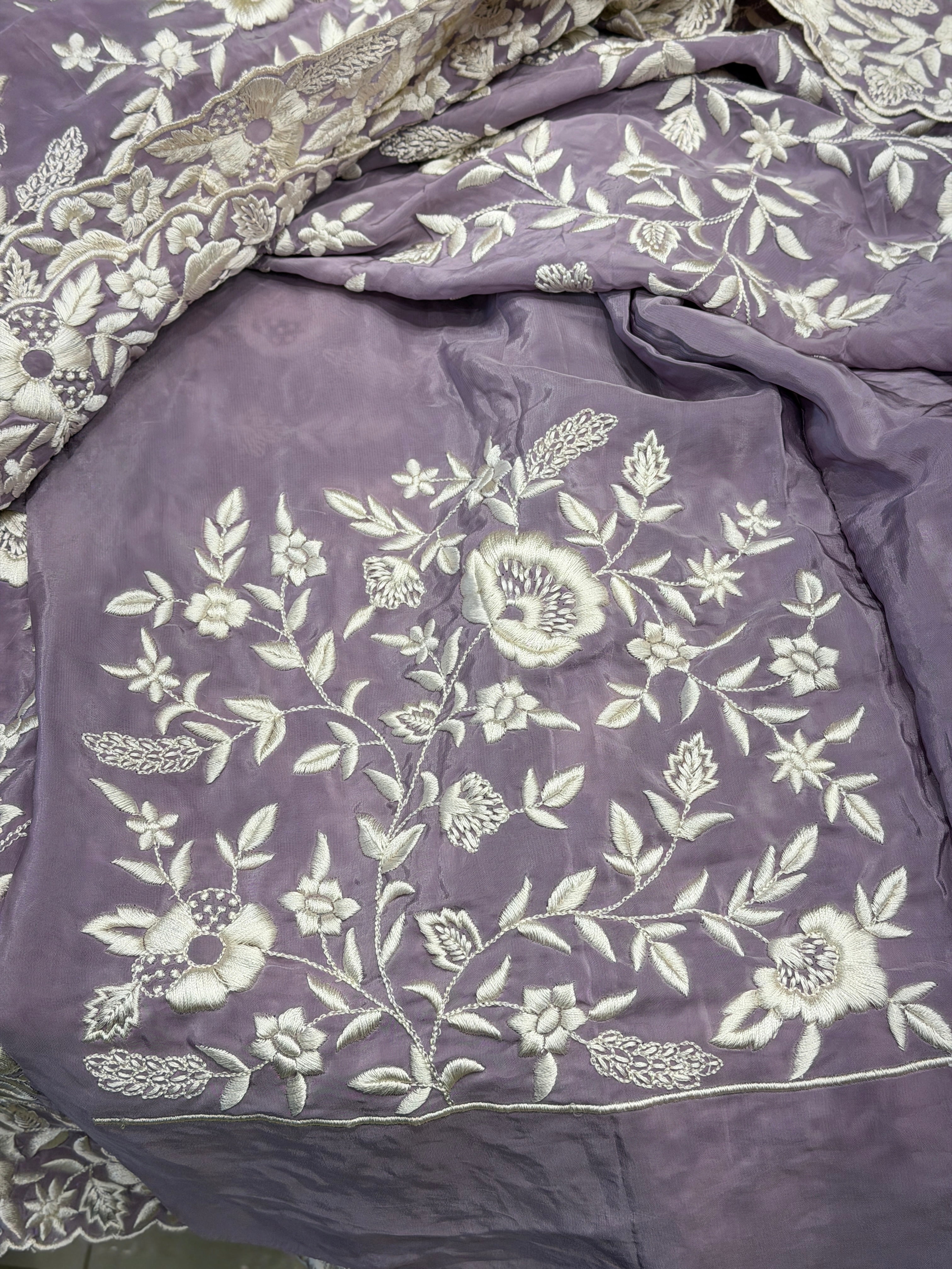 Lilac Crepe Floral Jaal Flamingo Resham Embroidery Saree