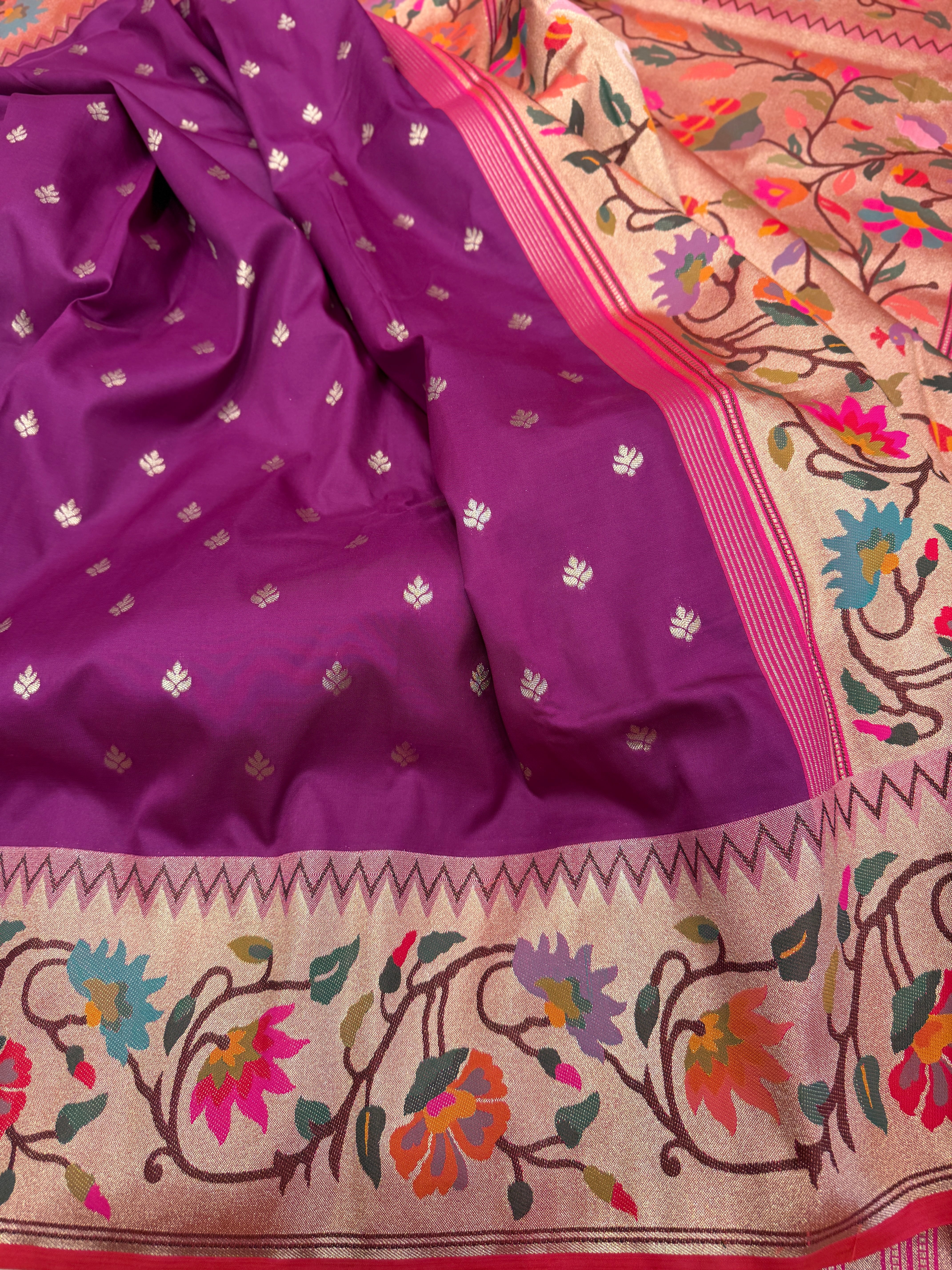 Wine Floral Border Paithani Silk Saree