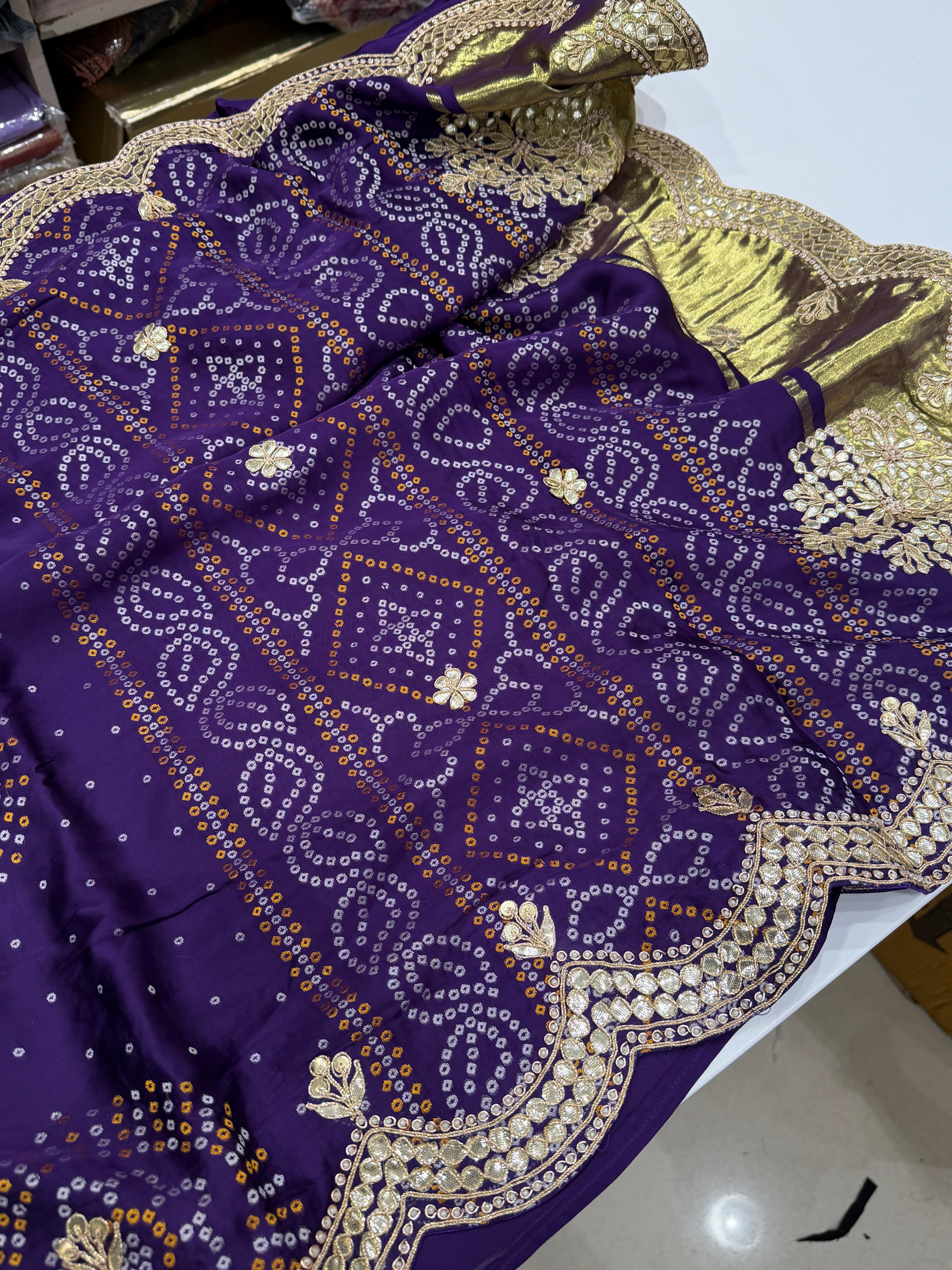 Violet Gajji Silk Woven Bandhej Gotapatti Hand Embroidery Saree