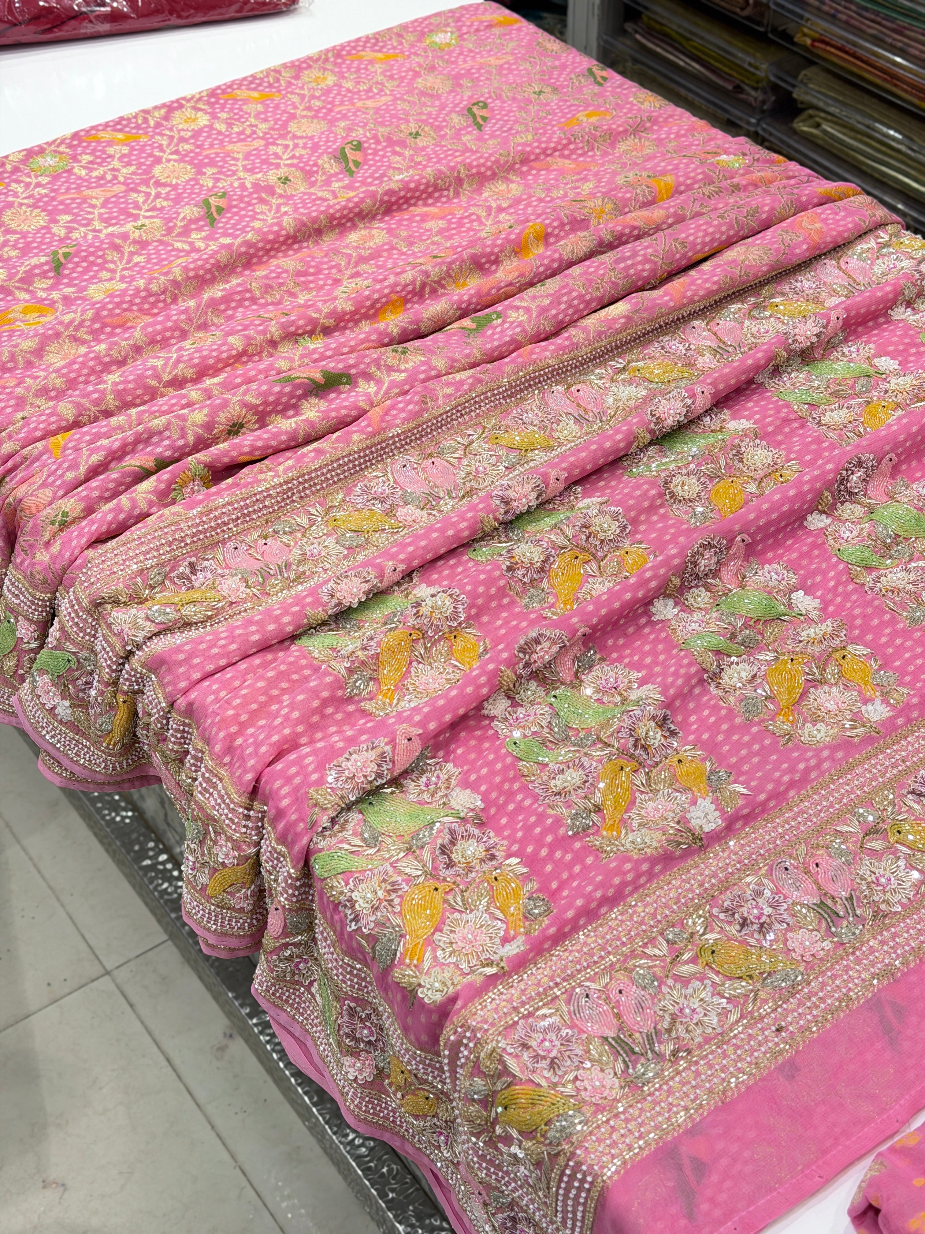 Pink Weaved Bandhej Parrot Motifs Georgette Moti Zardodi Hand Embroidery Saree