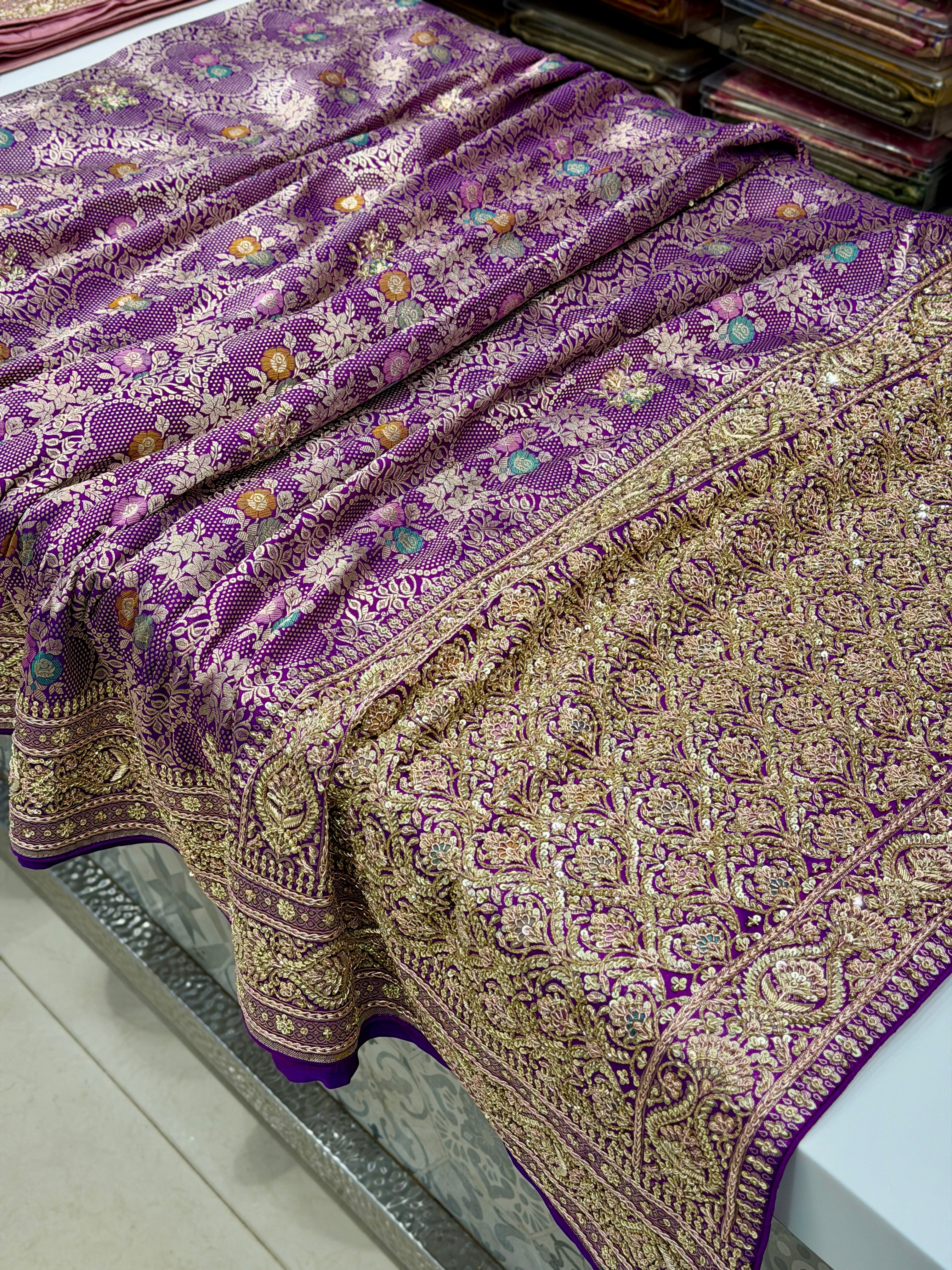Violet Brocade Meenakari Handloom Banarasi Katan Silk Zardosi Hand Embroidery Saree