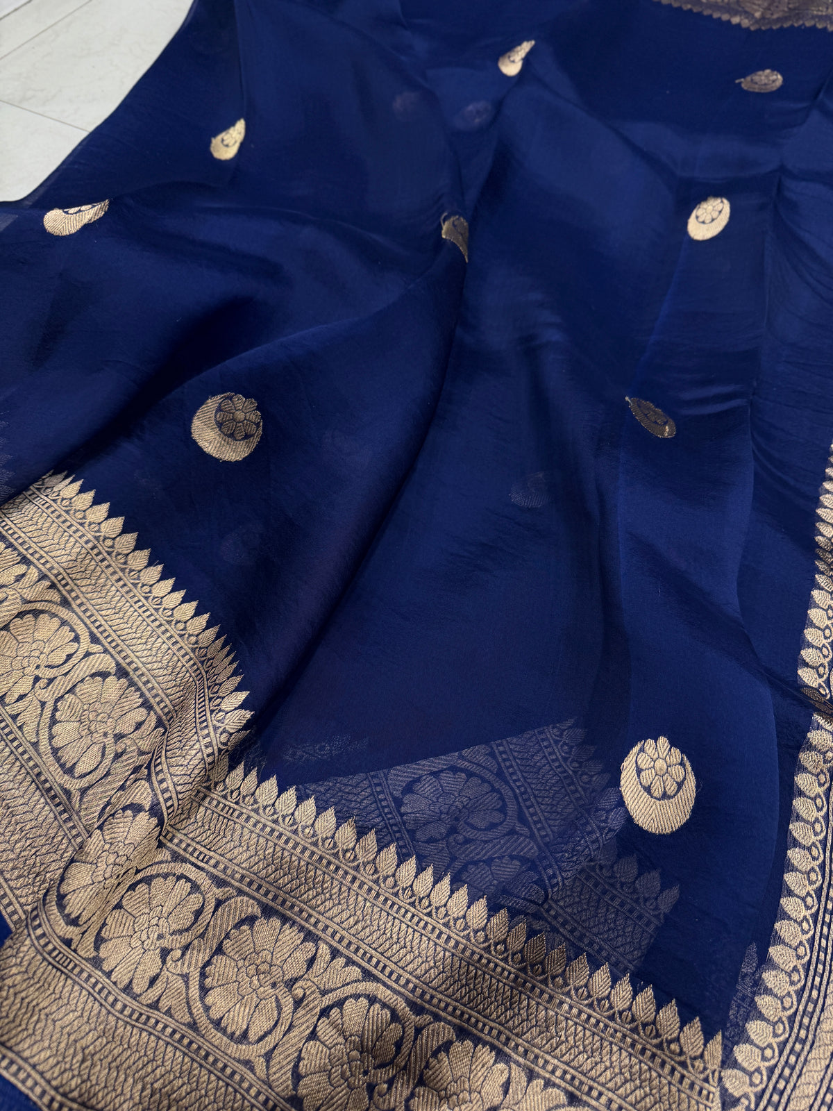 Blue Chand Buttis Handloom Banarasi Kora Silk Saree
