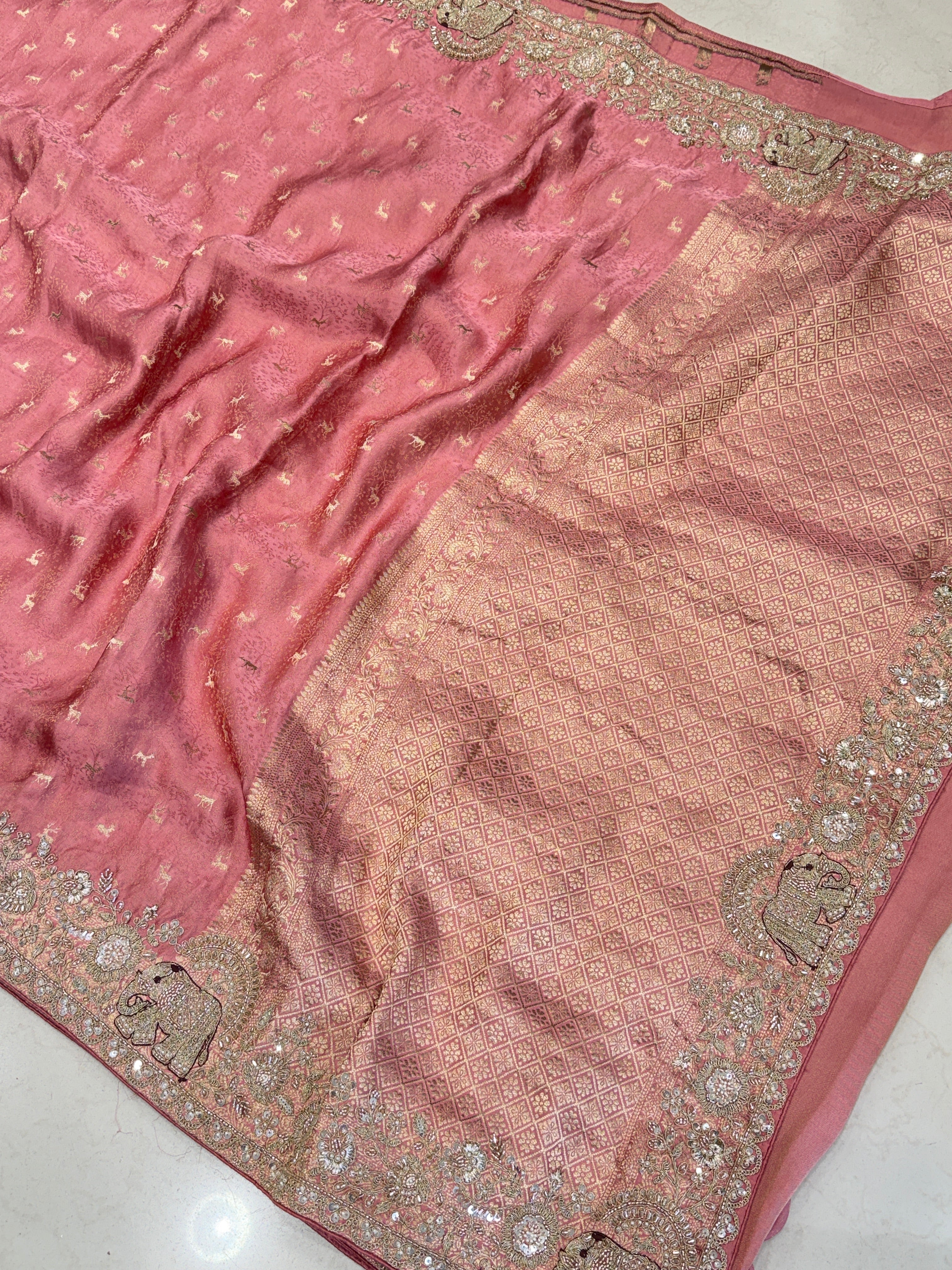 Pink Banarasi Mushru Silk Elephant Motif Embroidery Saree