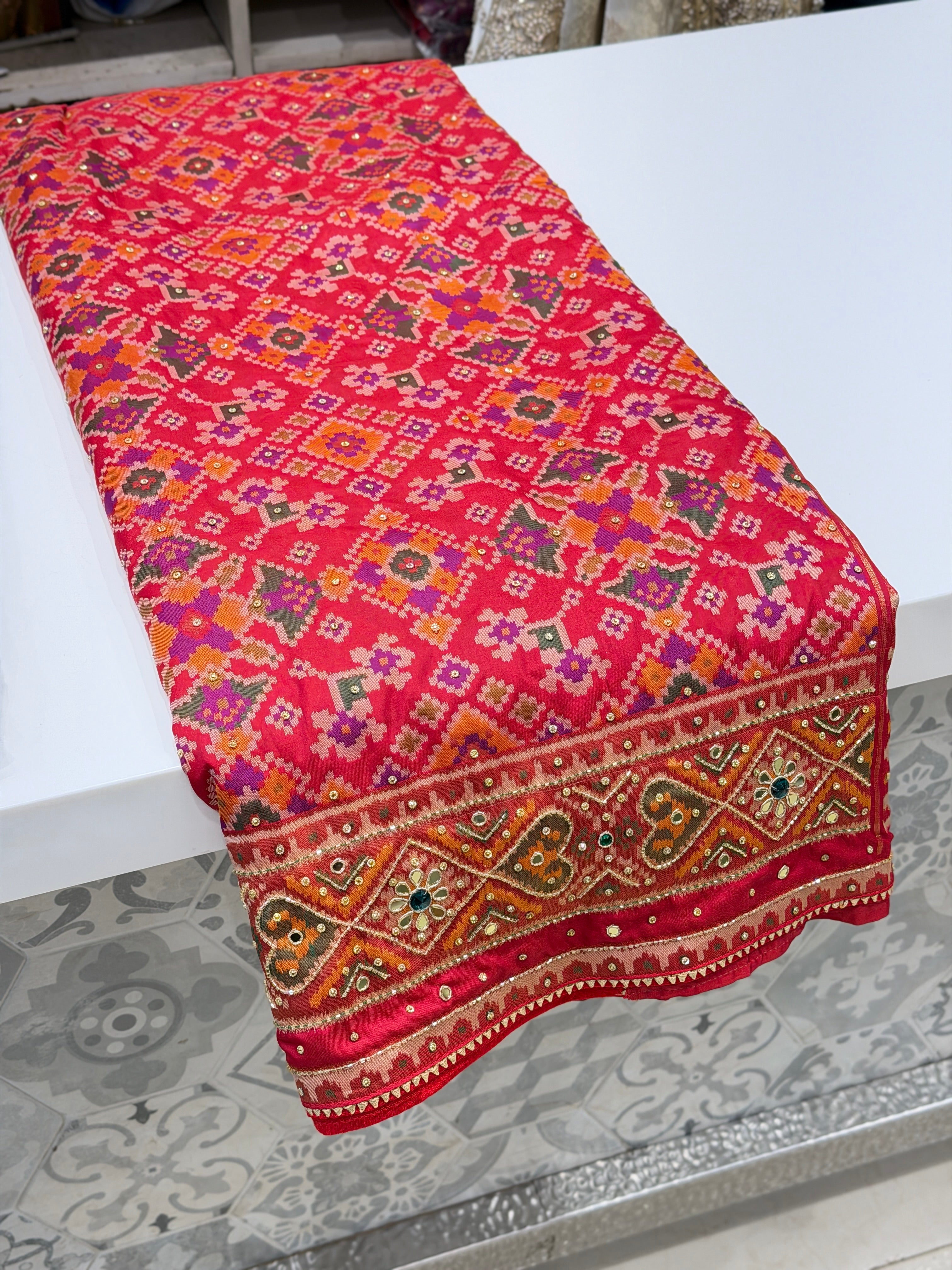 Red Patola Crystal Hand Embroidery Saree