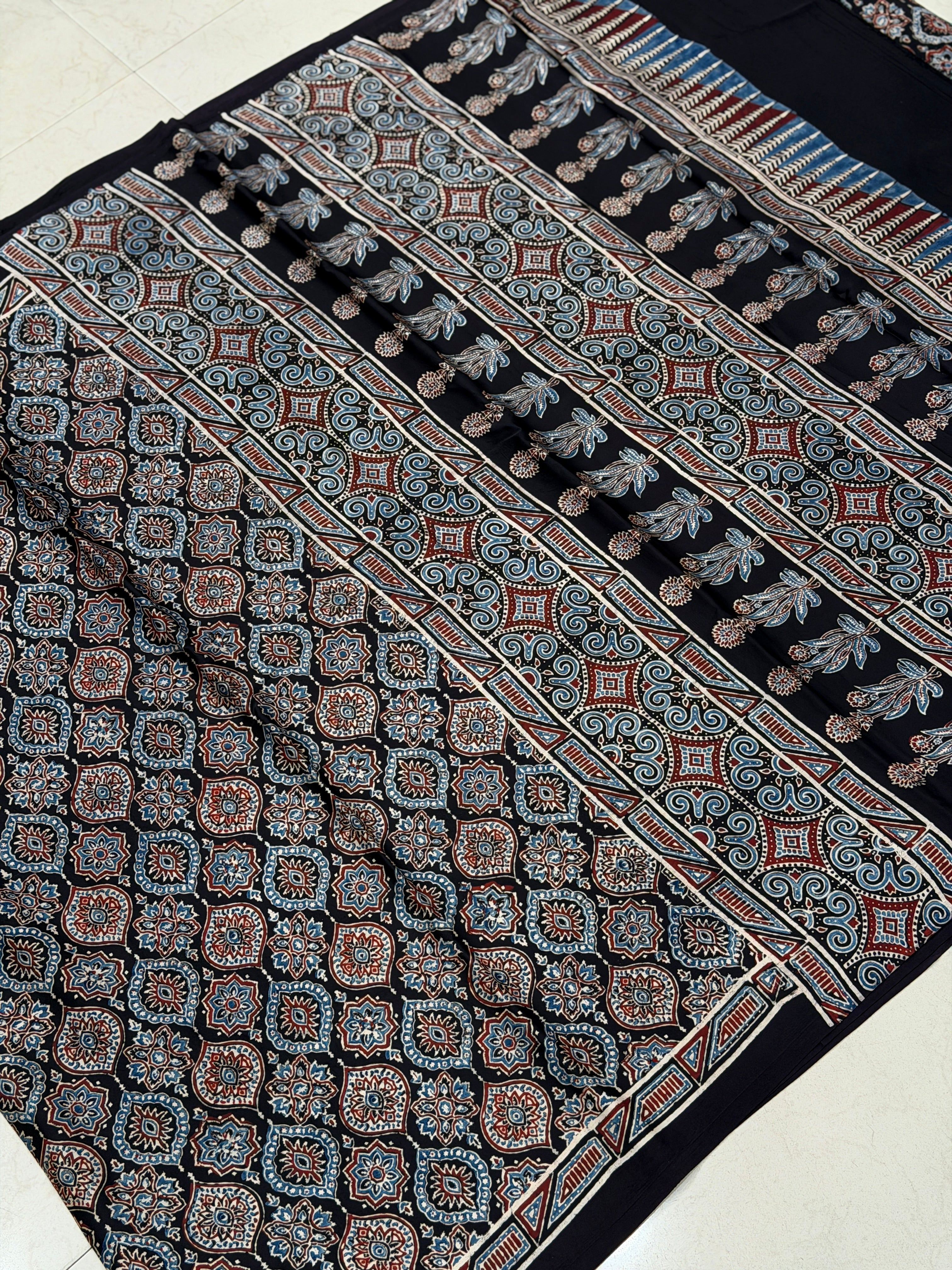Black Small Badam Butta Ajrakh Hand Block Print Pure Modal Silk Saree