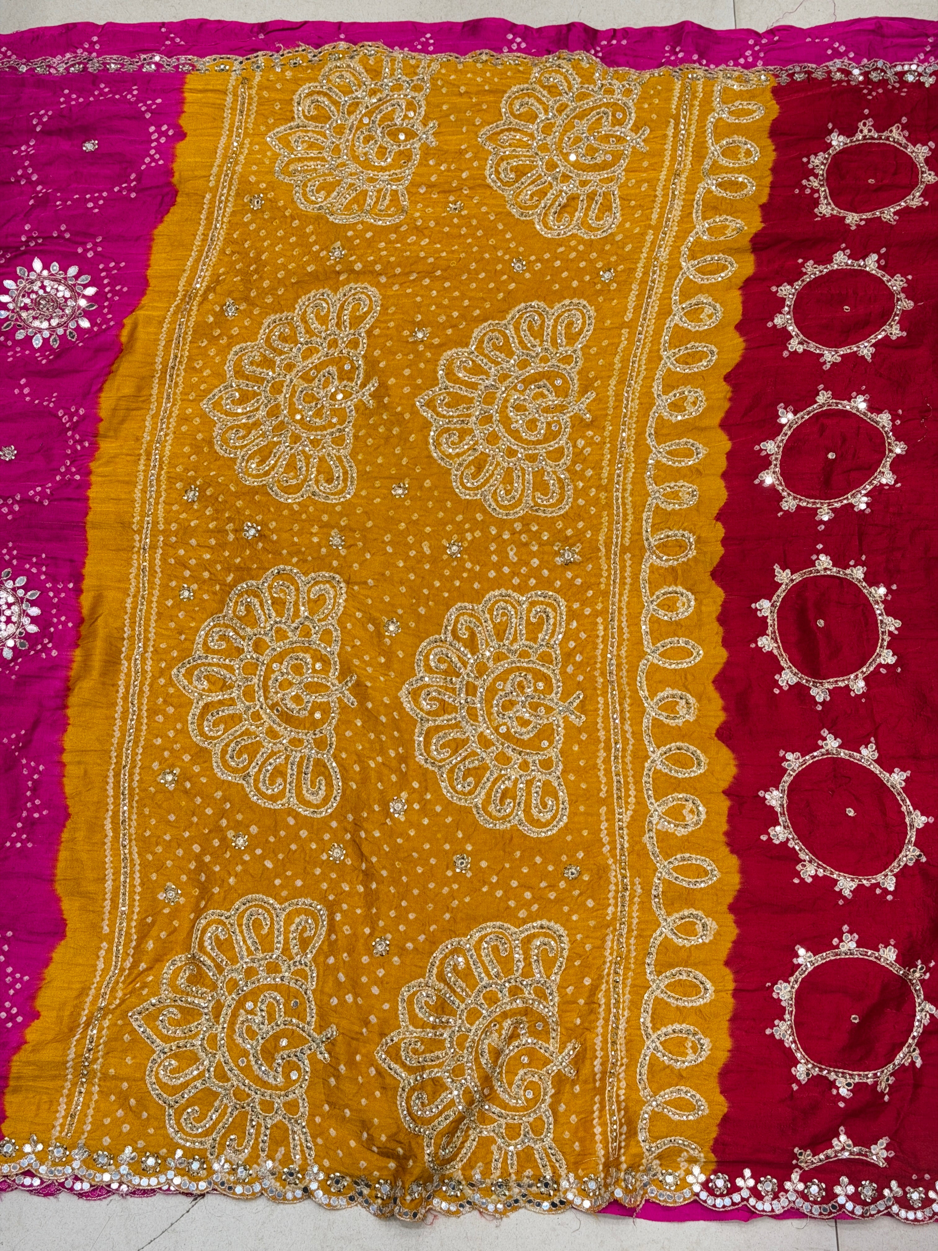 Yellow Rani Gajji Silk Rai Bandhej Tila Hand Embroidery Saree
