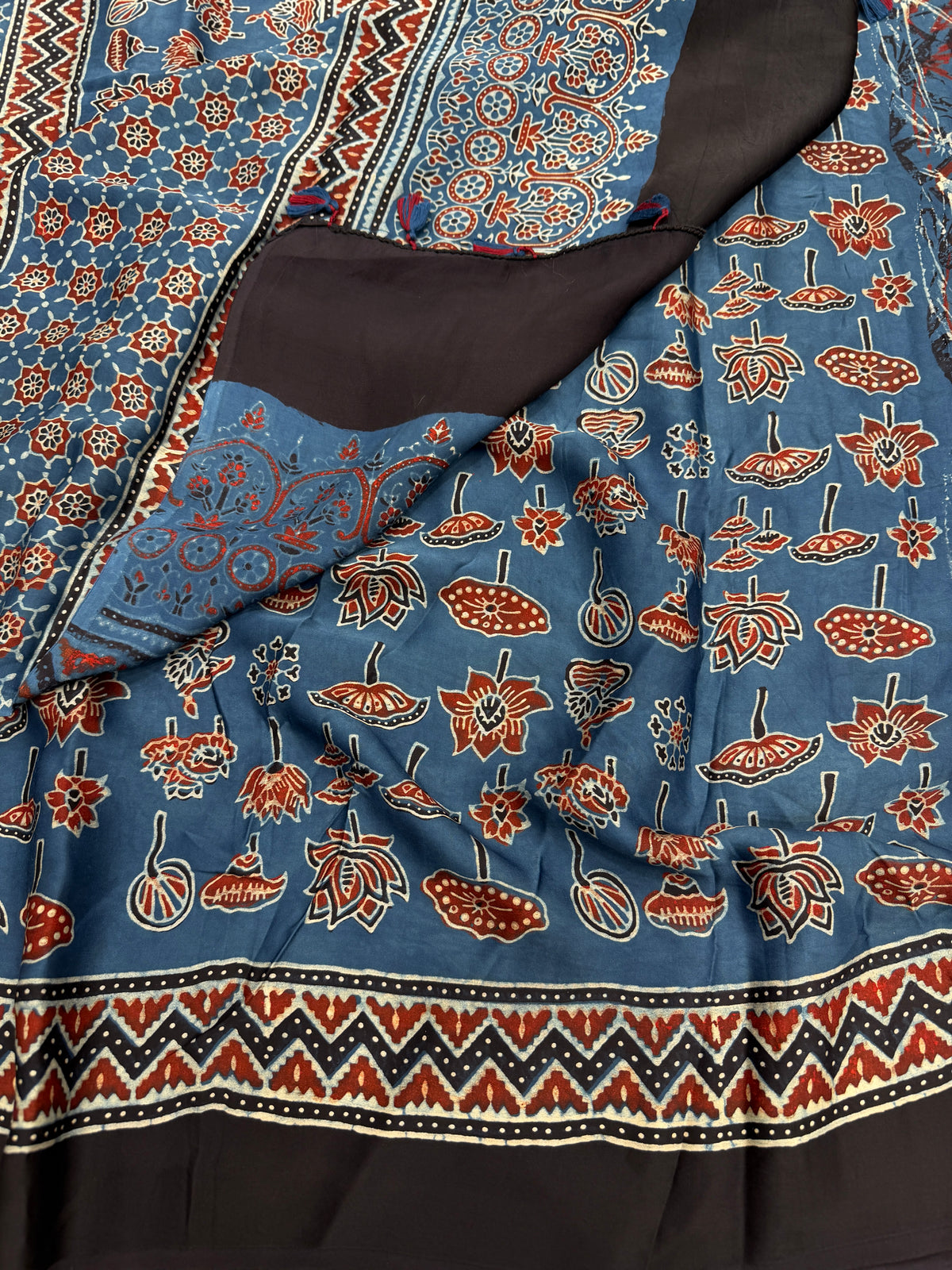 Blue Abstract Ajrakh Hand Block Print Pure Gajji Silk Saree