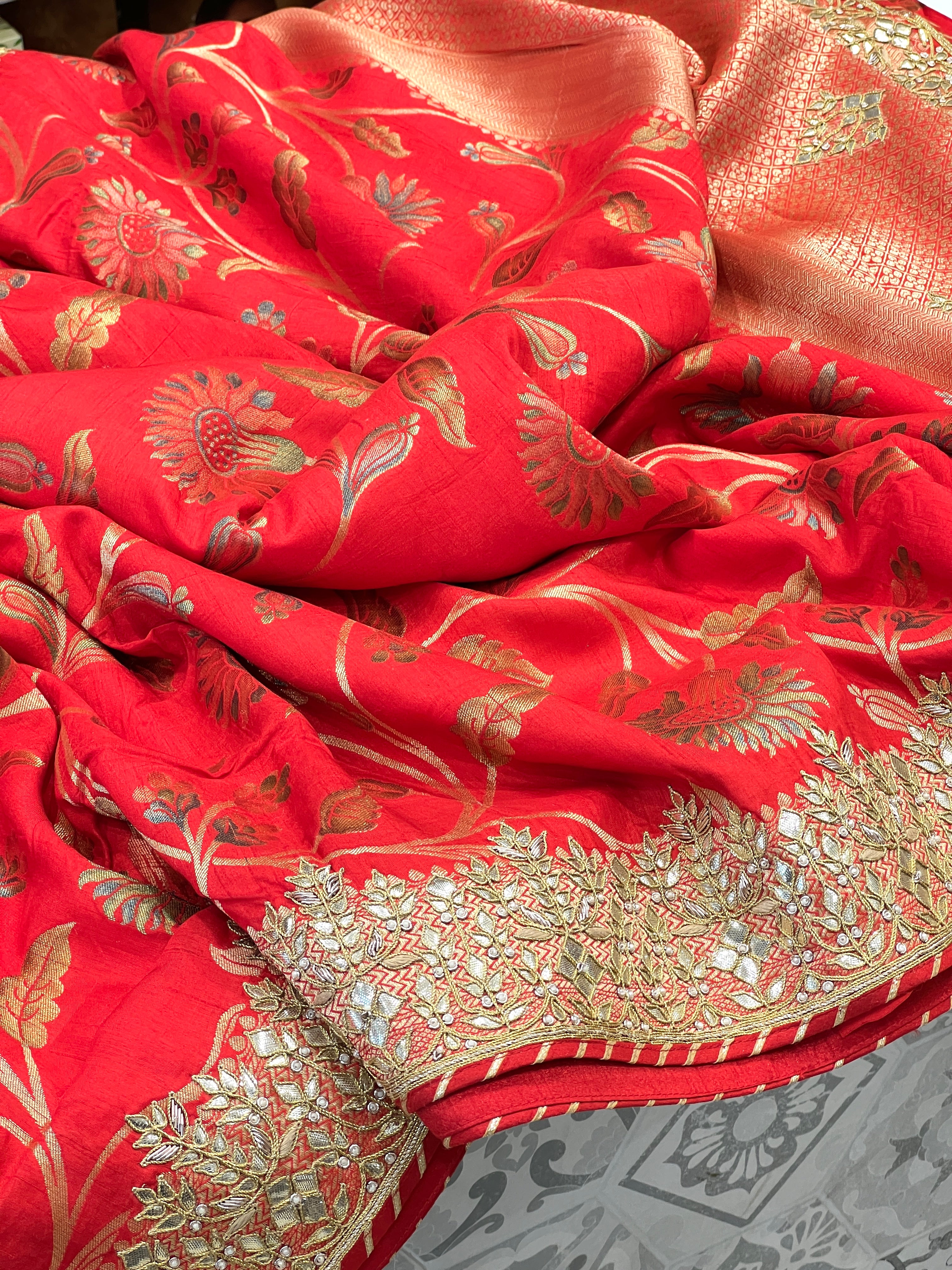 Red Munga Silk Hand Done Gotapatti Saree