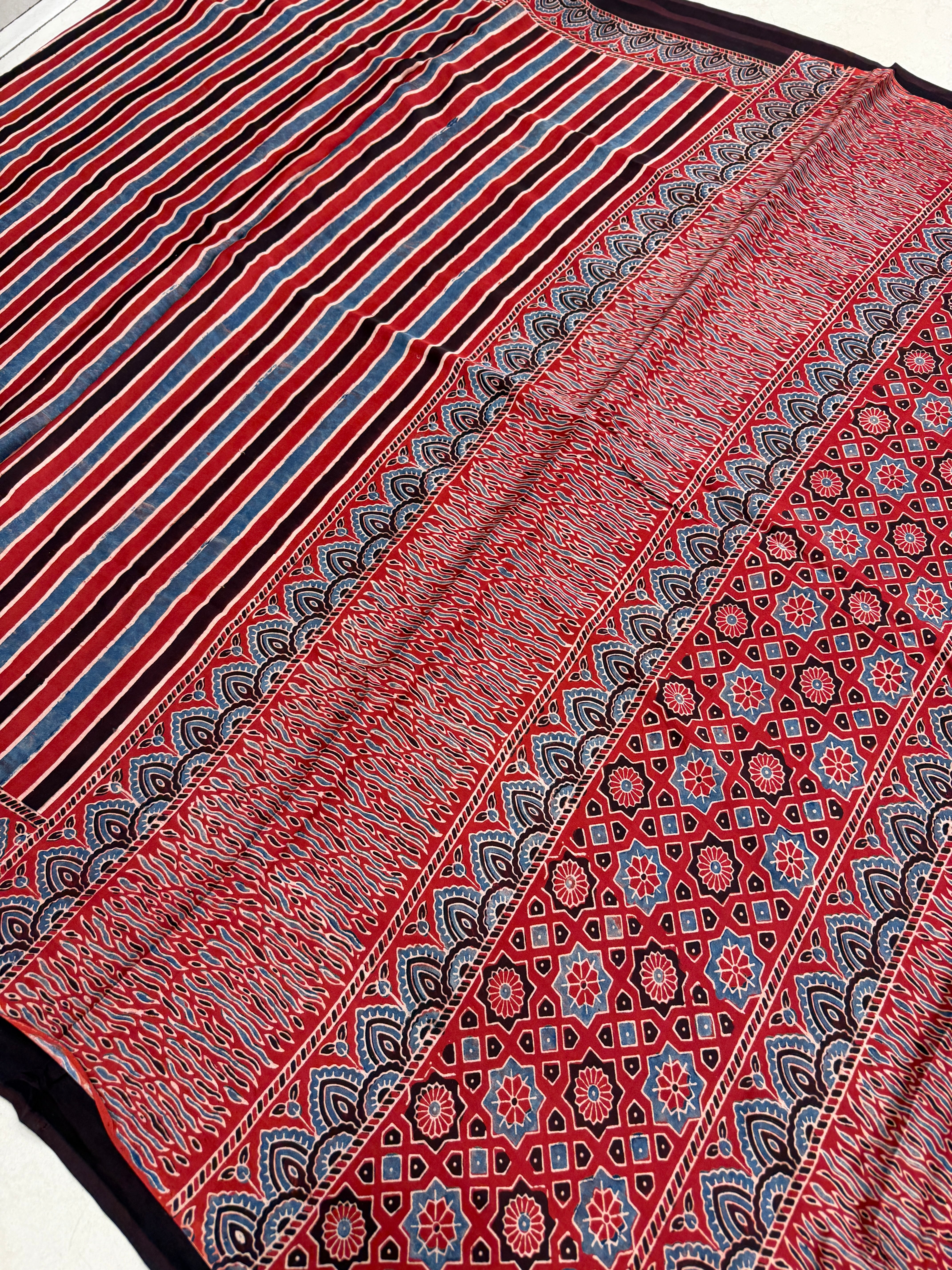 Red Contemporary Ajrakh Hand Block Print Pure Gajji Silk Saree