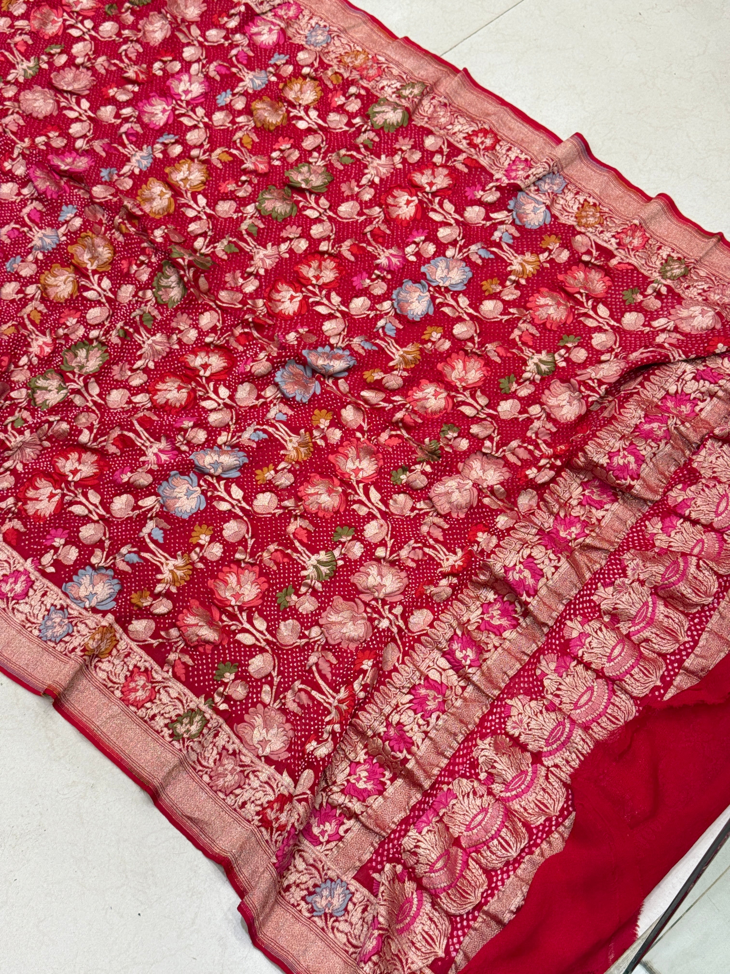 Red Jaal Handloom Meenakari Rai Bandhej Pure Zari Dupatta