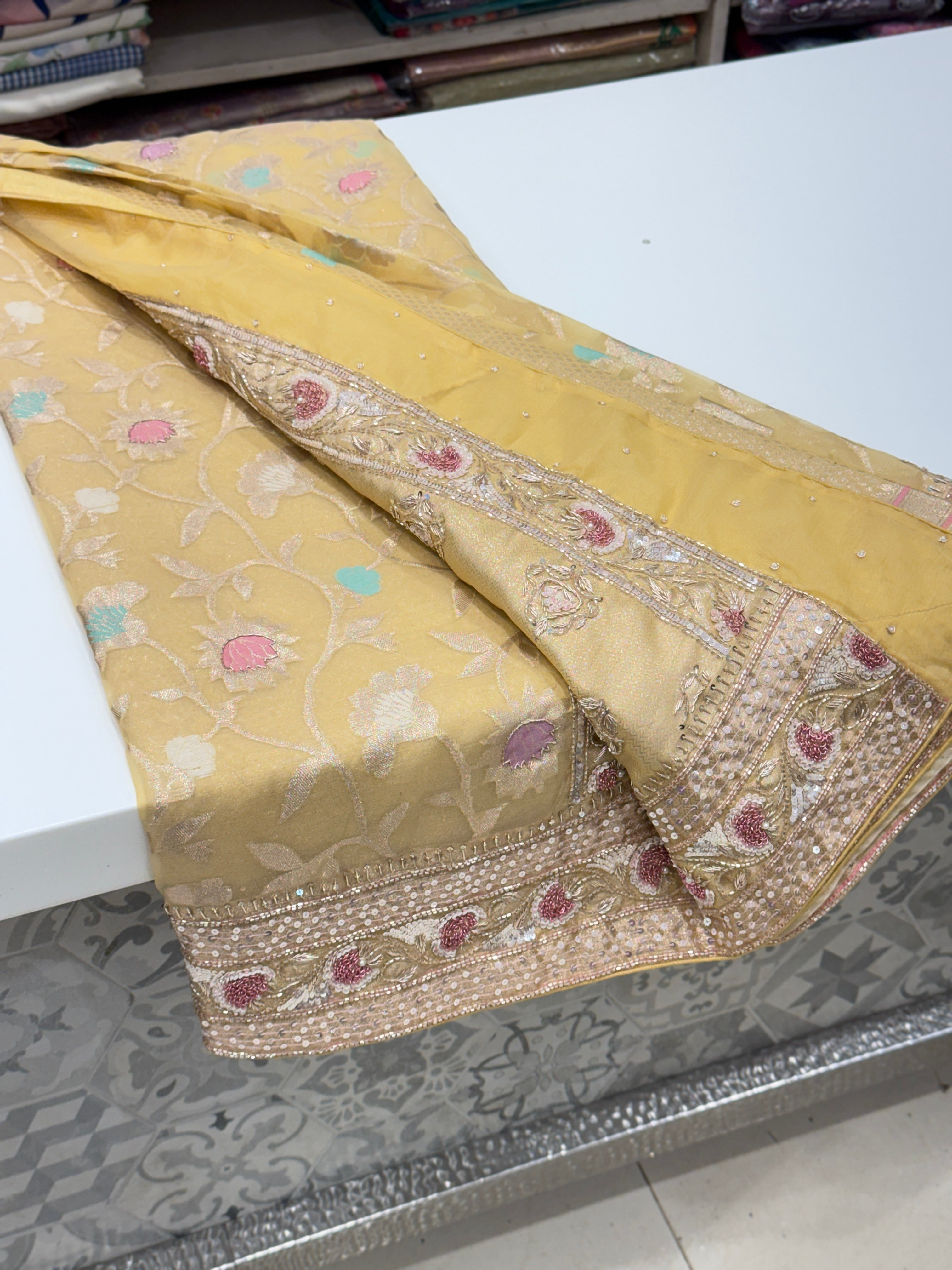 Yellow Meenakari Banarasi Kora Sequin Zardosi Hand Embroidery Saree