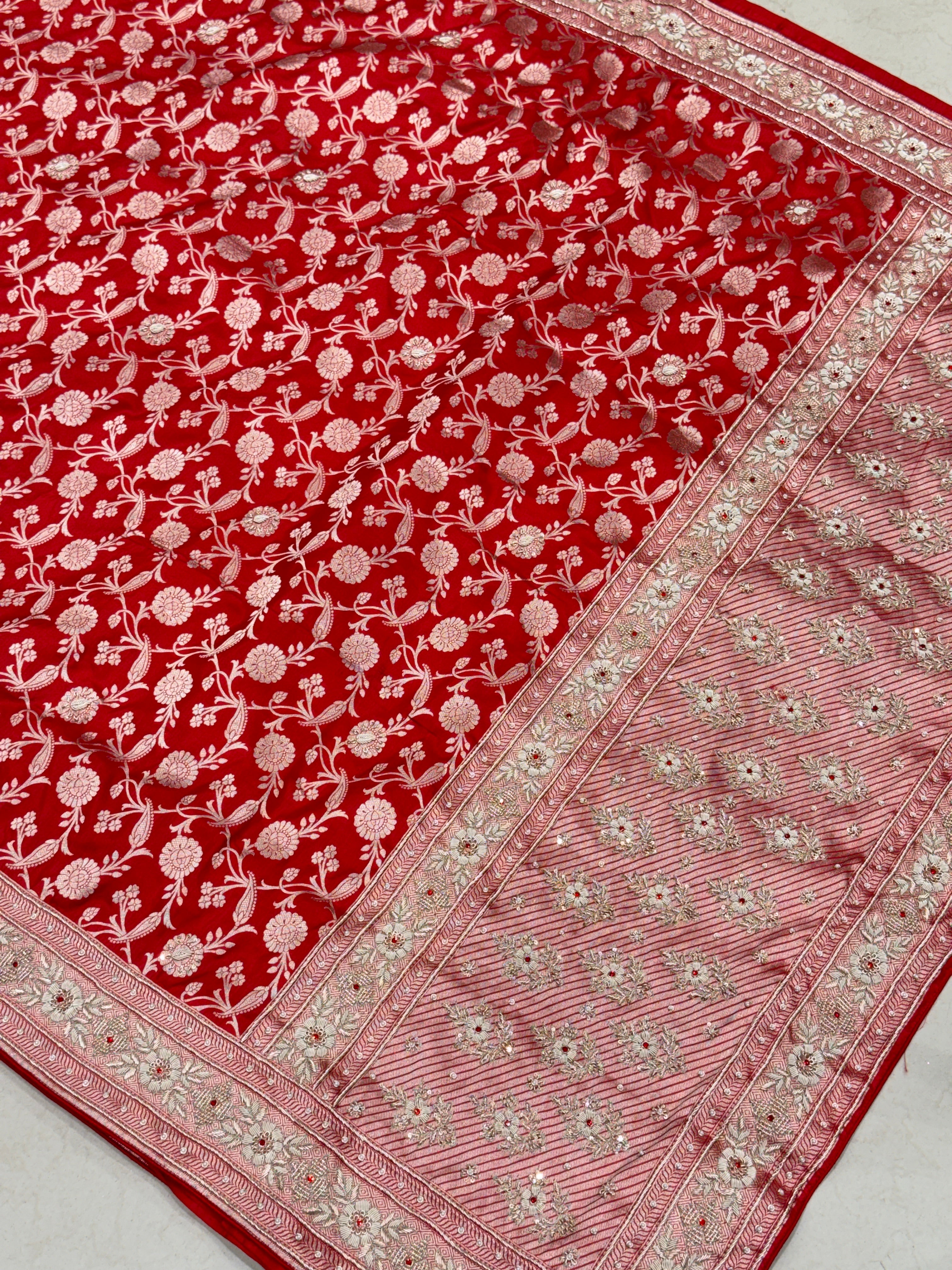 Red Jaal Handloom Banarasi Pure Katan Crystal Zardosi Embroidery Saree