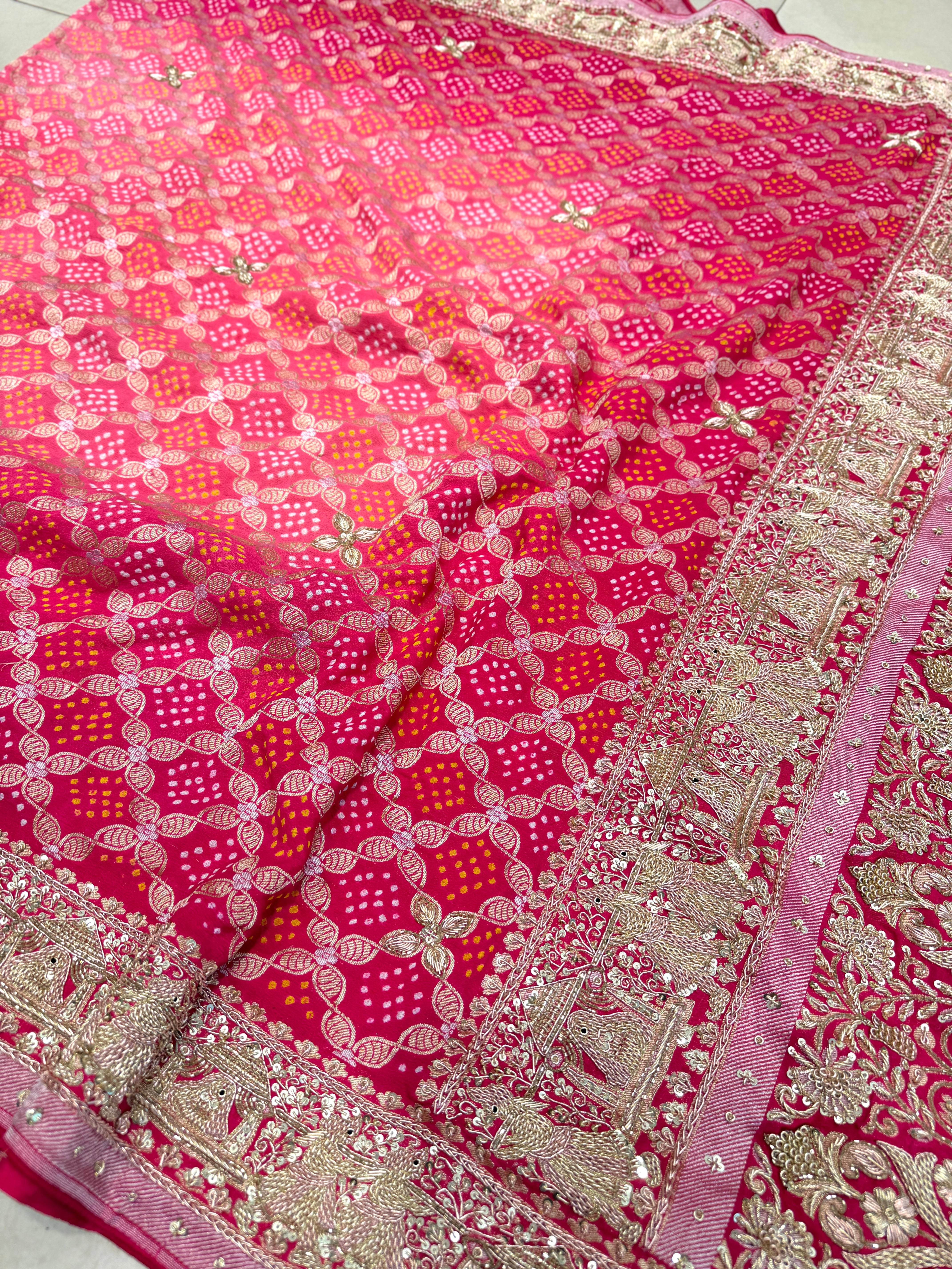 Strawberry Shaded Bandhej Zardodi Doli Edit Hand Embroidery Saree