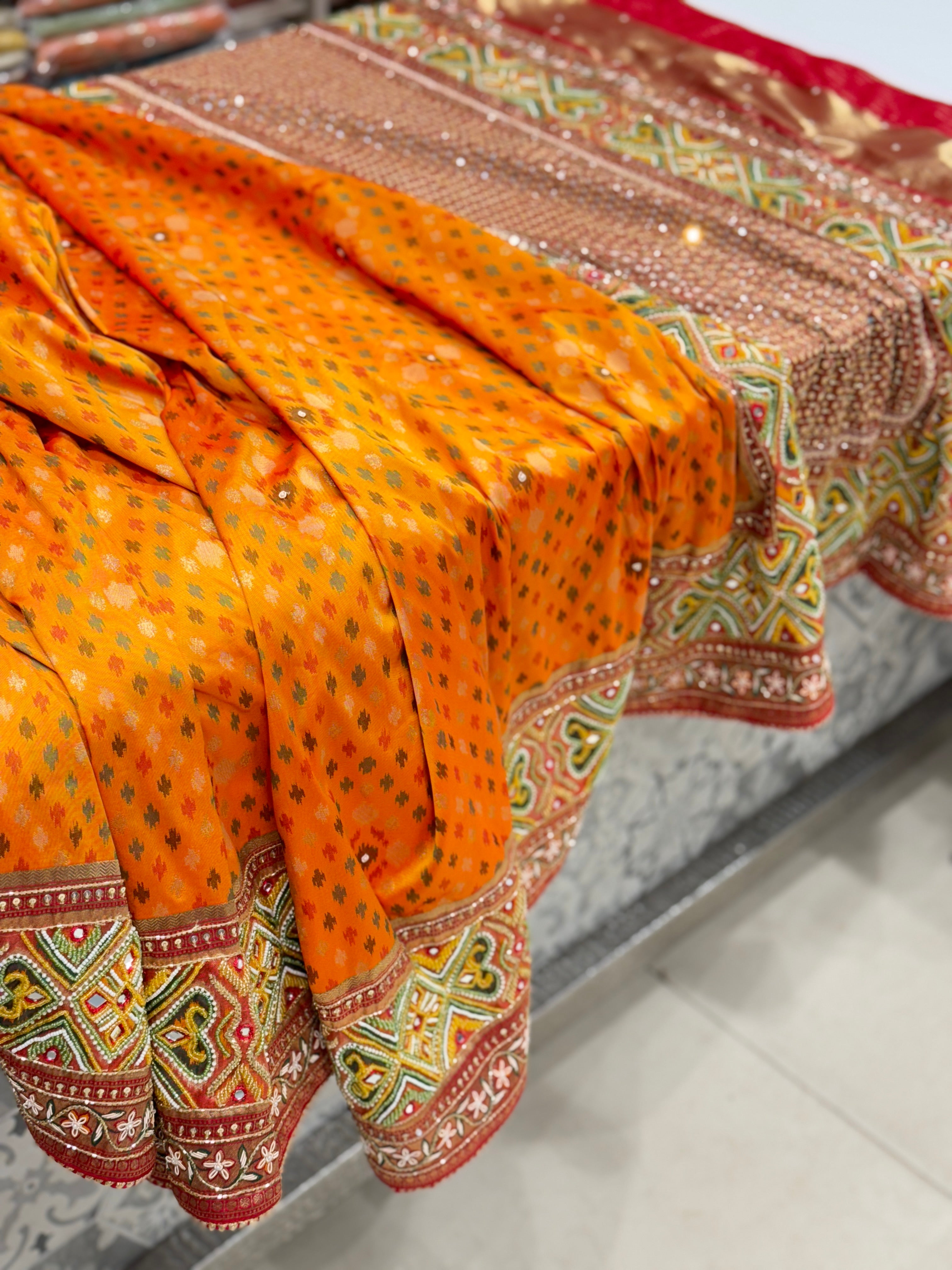 Orange Patola Moti Embroidery Saree