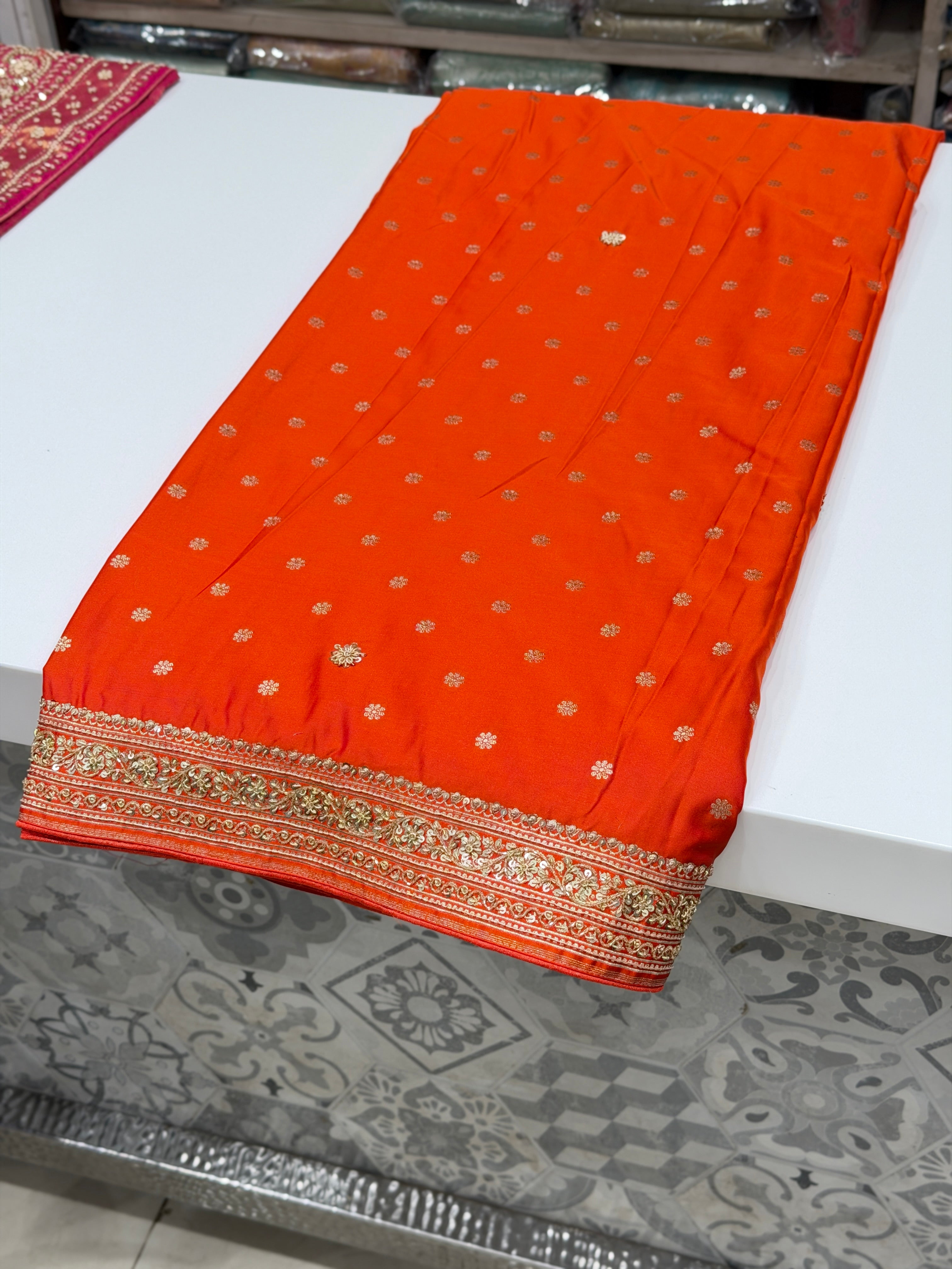 Rust Orange Banarasi Buttis Zardosi Hand Embroidery Saree