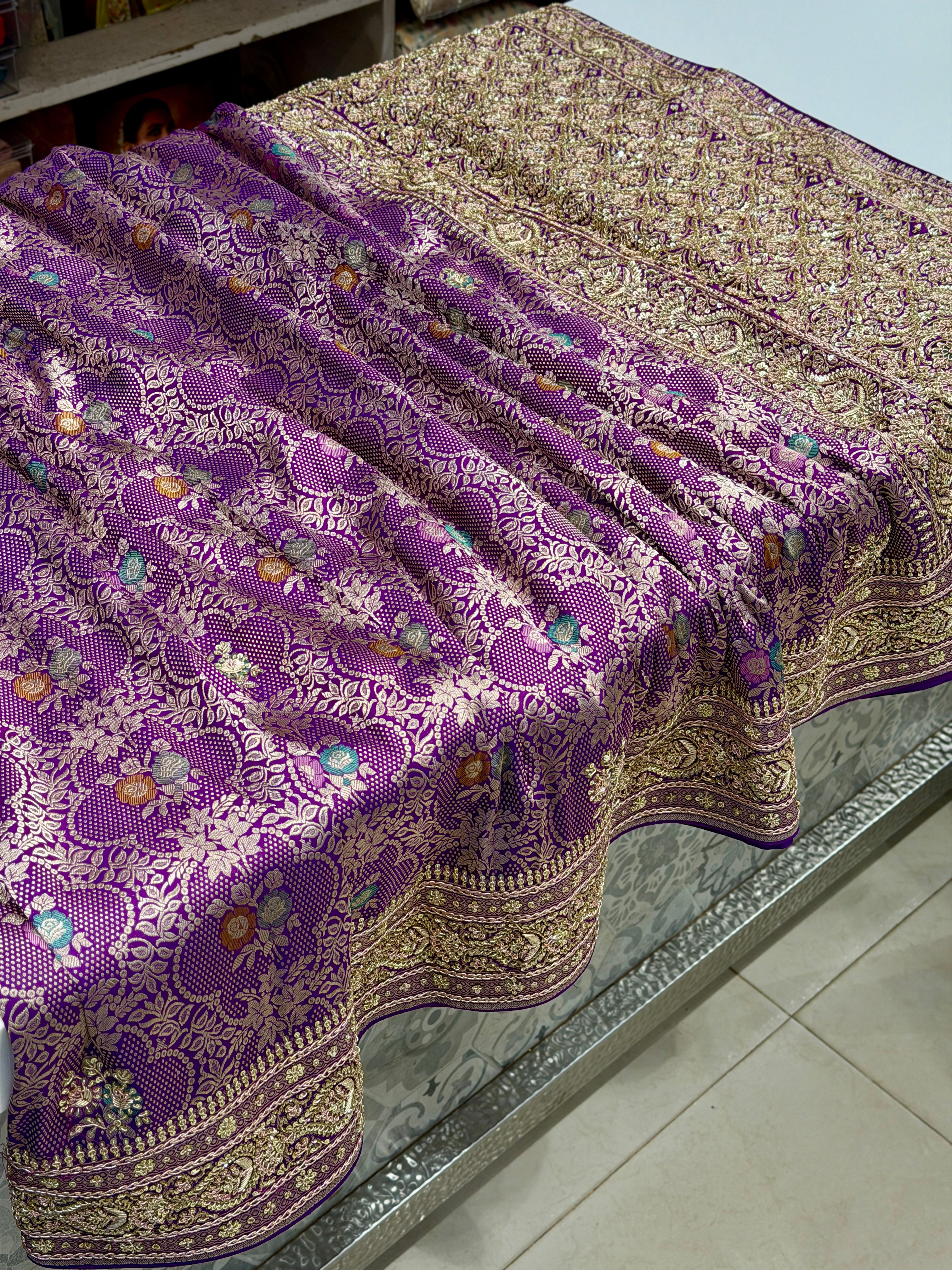 Violet Brocade Meenakari Handloom Banarasi Katan Silk Zardosi Hand Embroidery Saree
