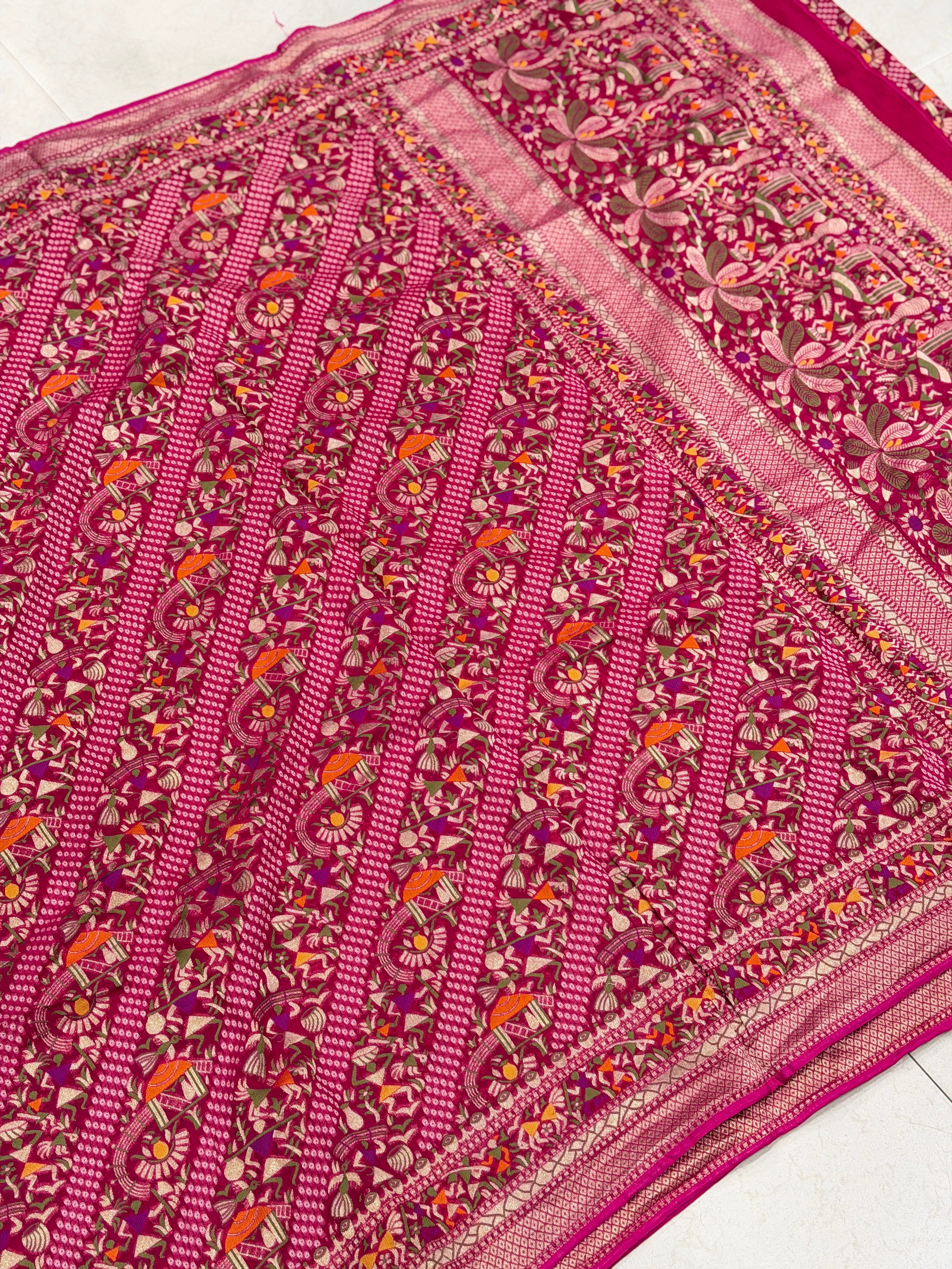 Rani Pink Warli Style Woven Bandhej Georgette Saree