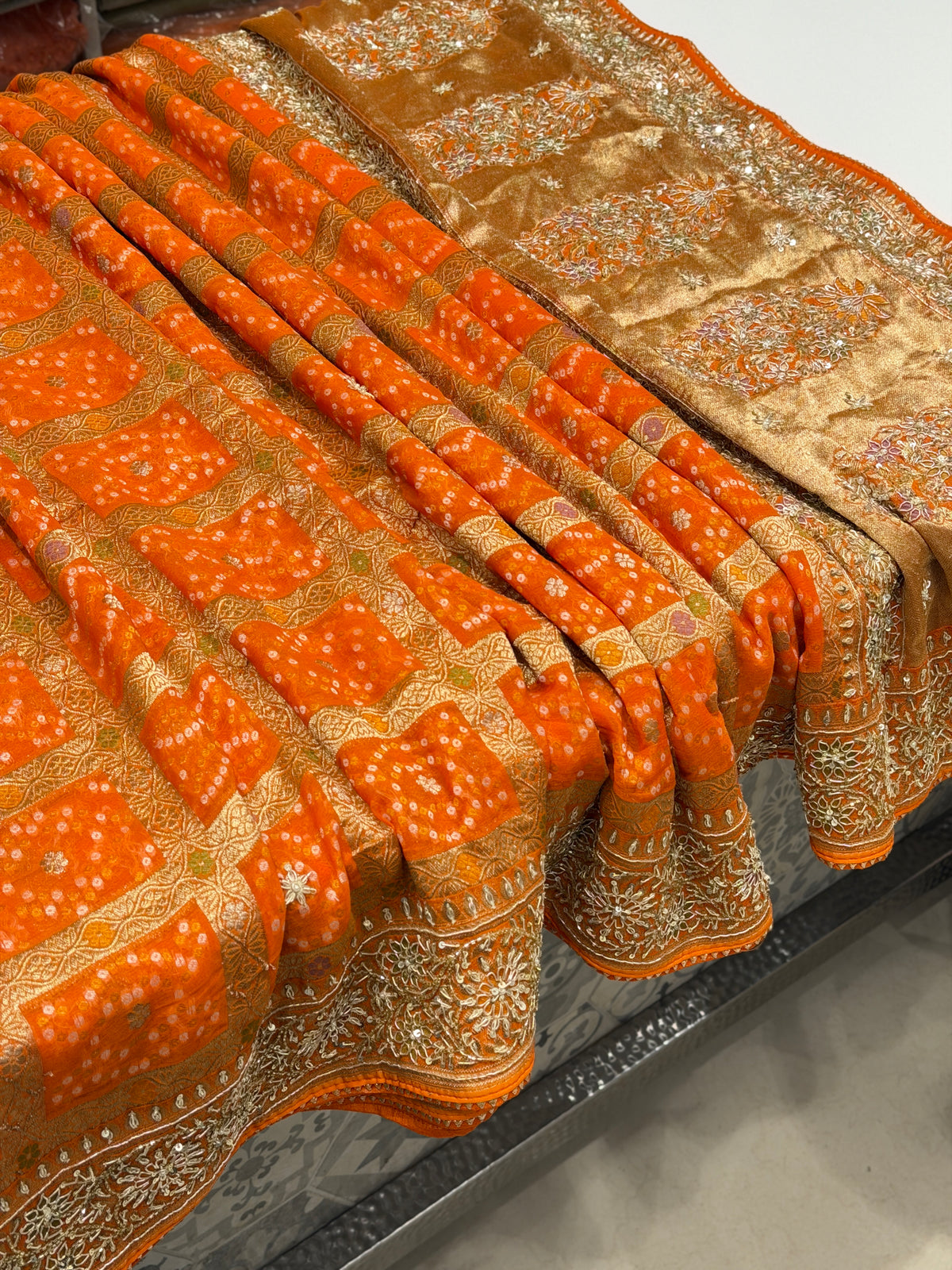 Orange Woven Bandhej Gharchola Hand Embroidery Zardosi Saree