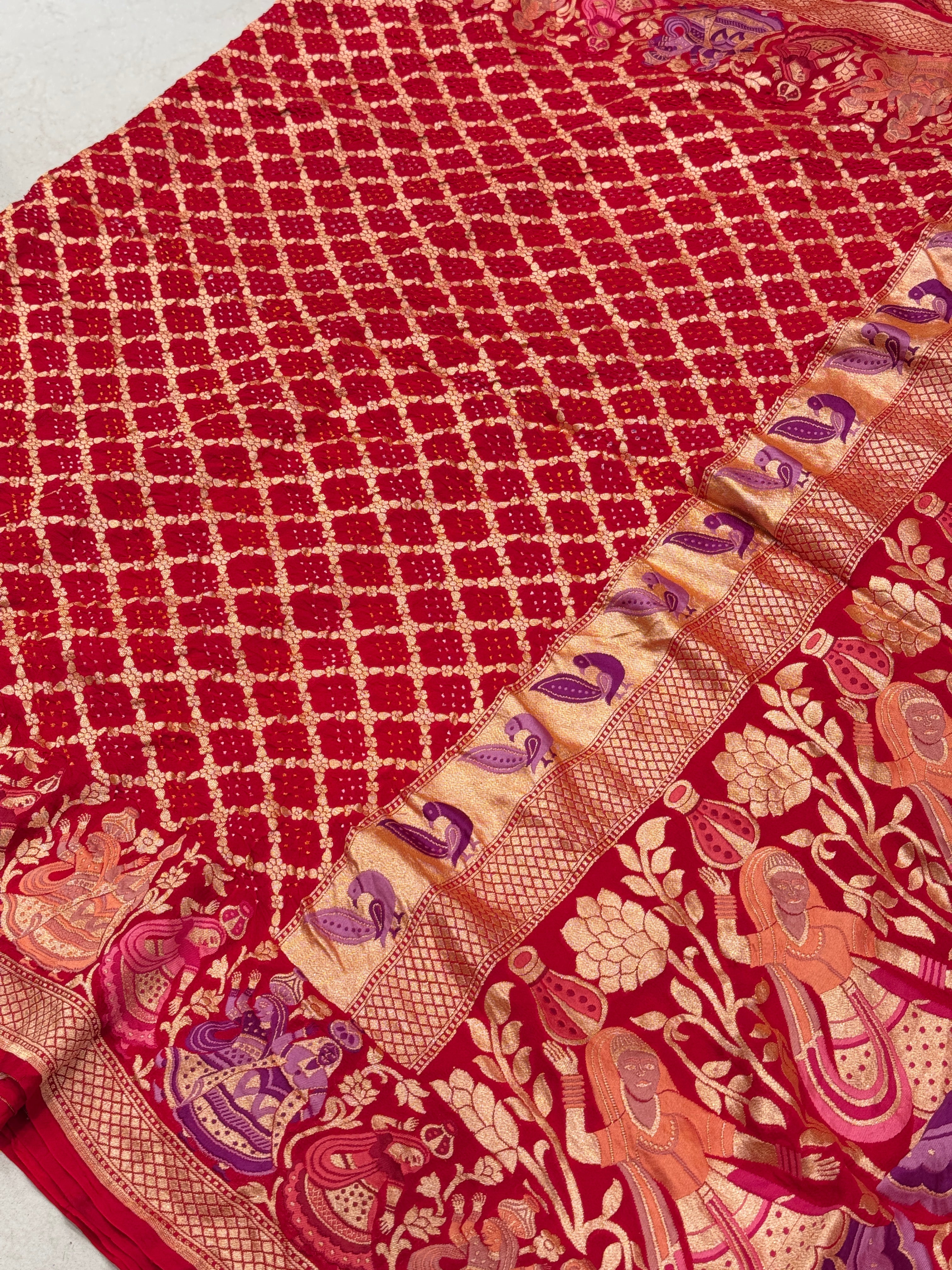 Red Rai Bandhej Meenakari Handloom Saree