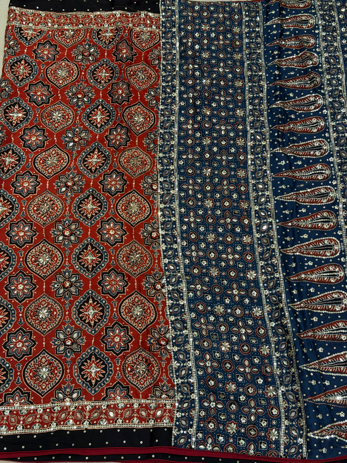 Red Blue Badam Jaal Ajrakh Sequin Moti Hand Embroidery Saree