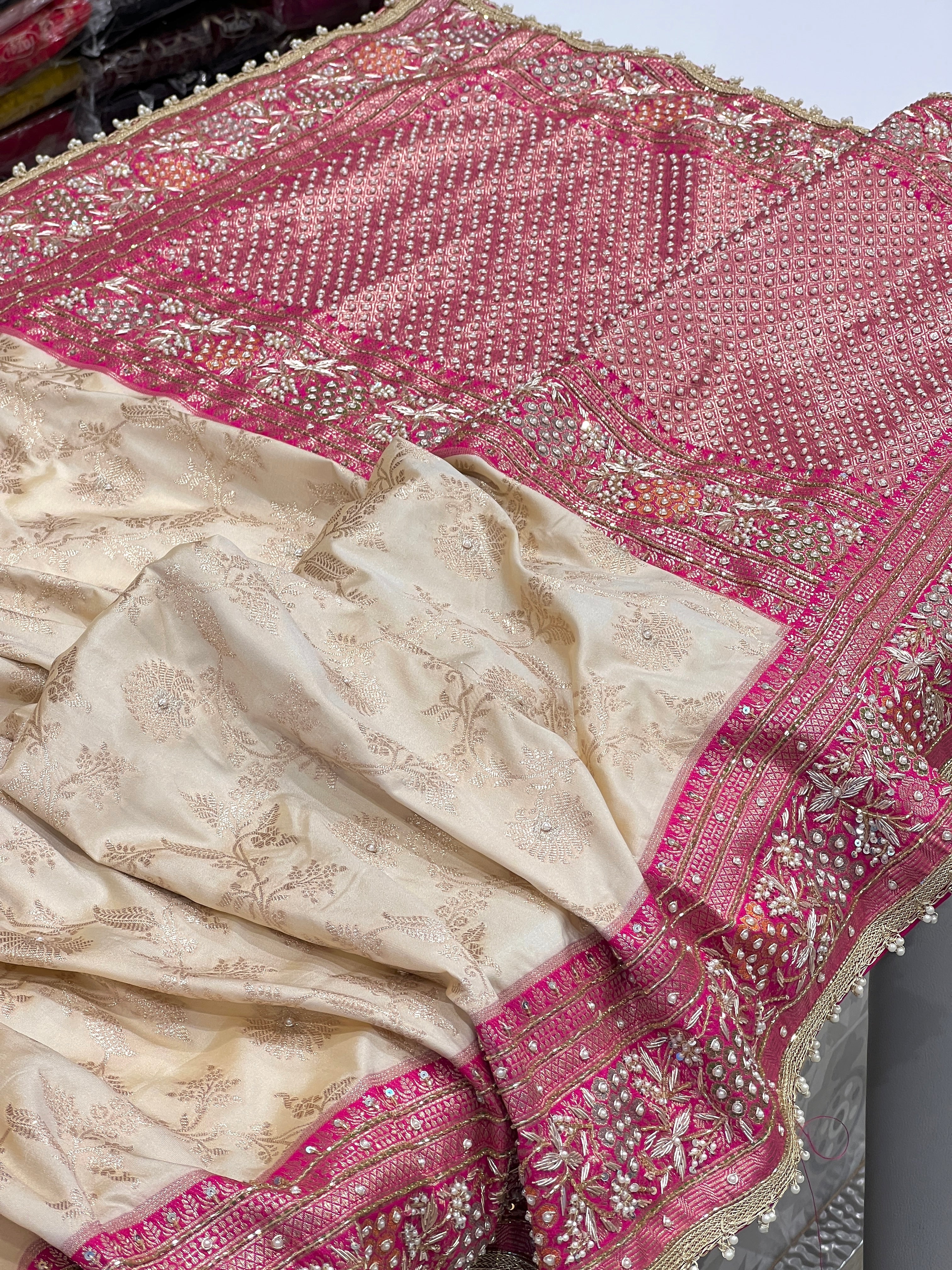 Beige Banarasi Rani Border Hand Embroidery Saree