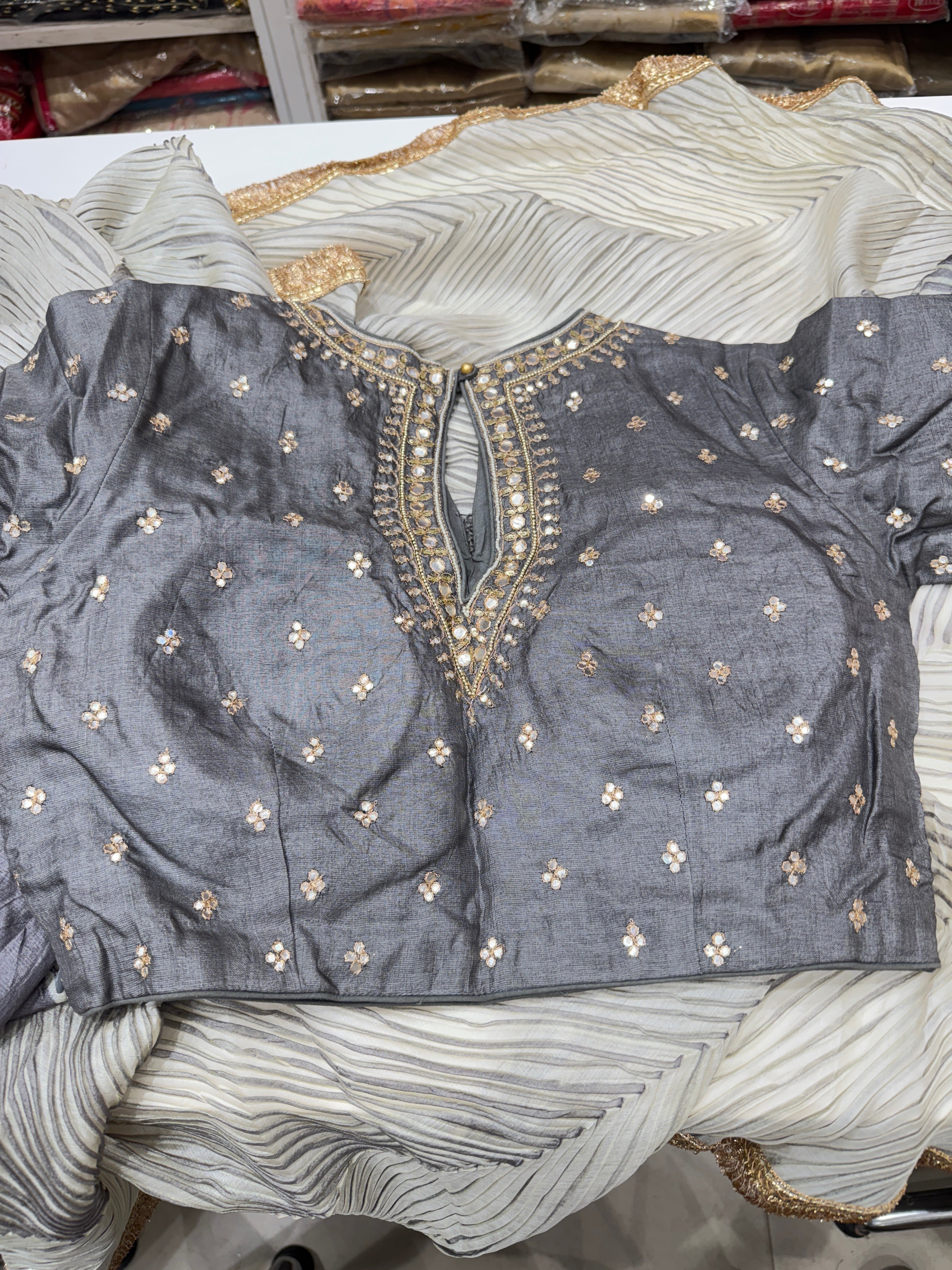 Grey Pure Tussor Crushed Pallu Ready Blouse Saree