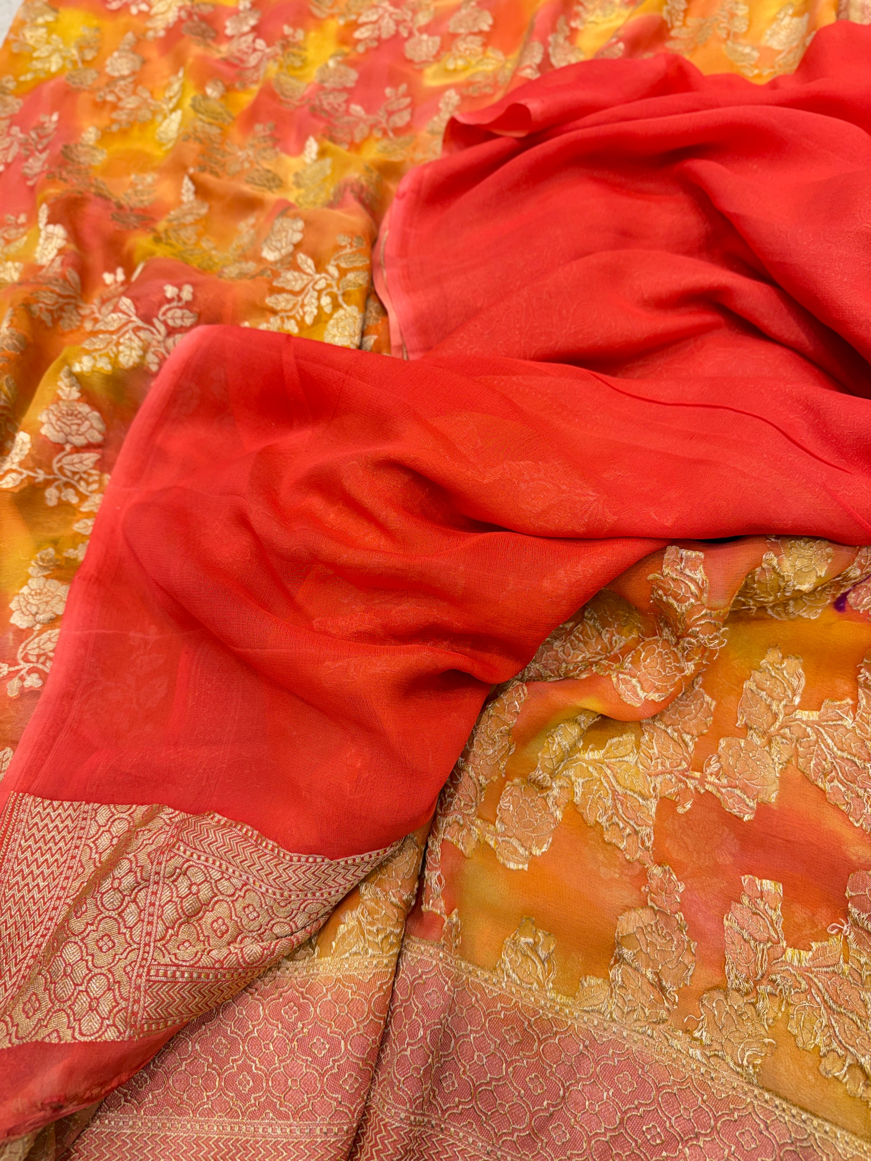 Orange Shaded Rose Jaal Handloom Banarasi Khaddi Georgette Saree