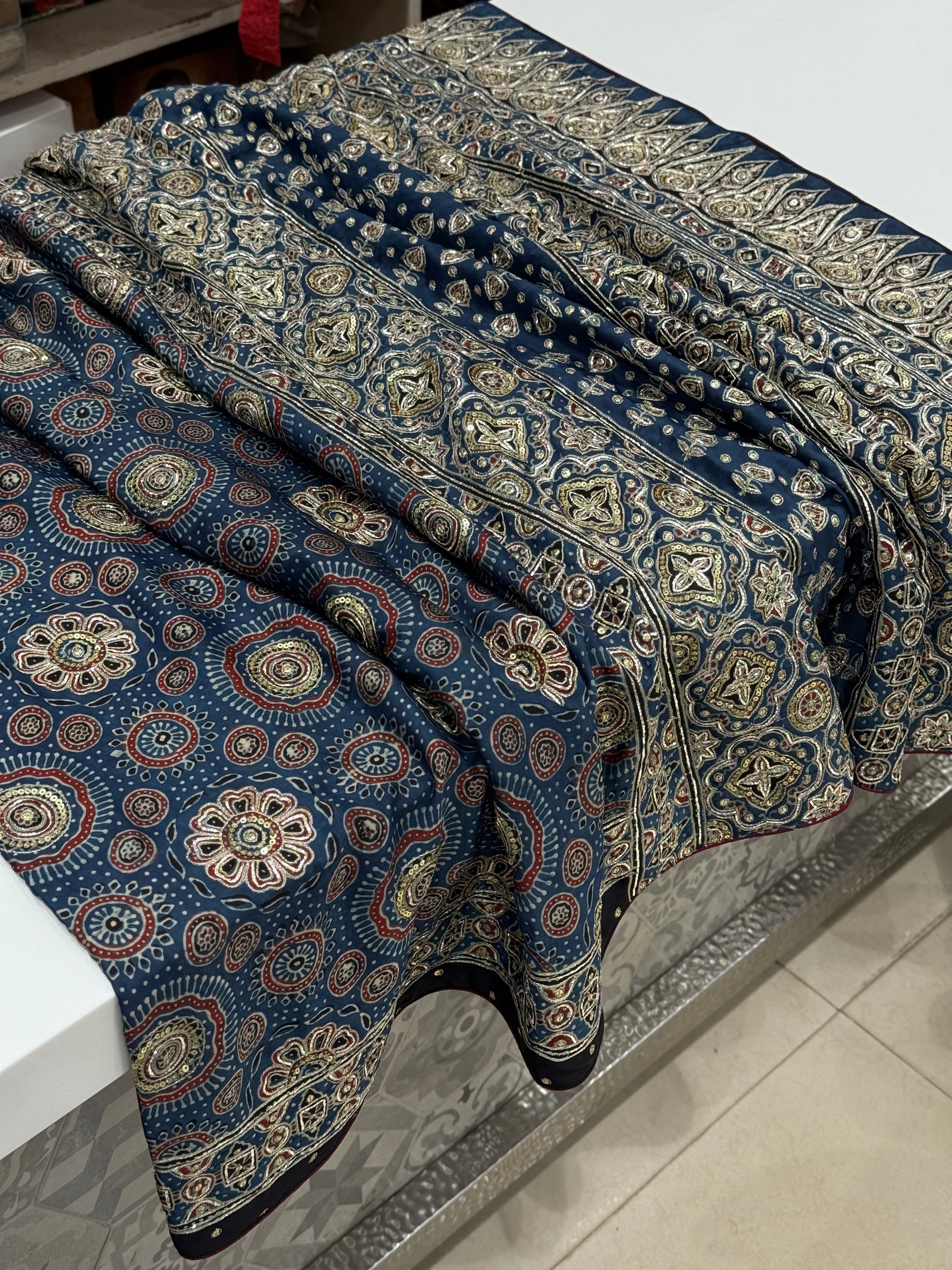Blue Ajrakh Badam Buttas Pita Sequin Moti Hand Embroidery Saree