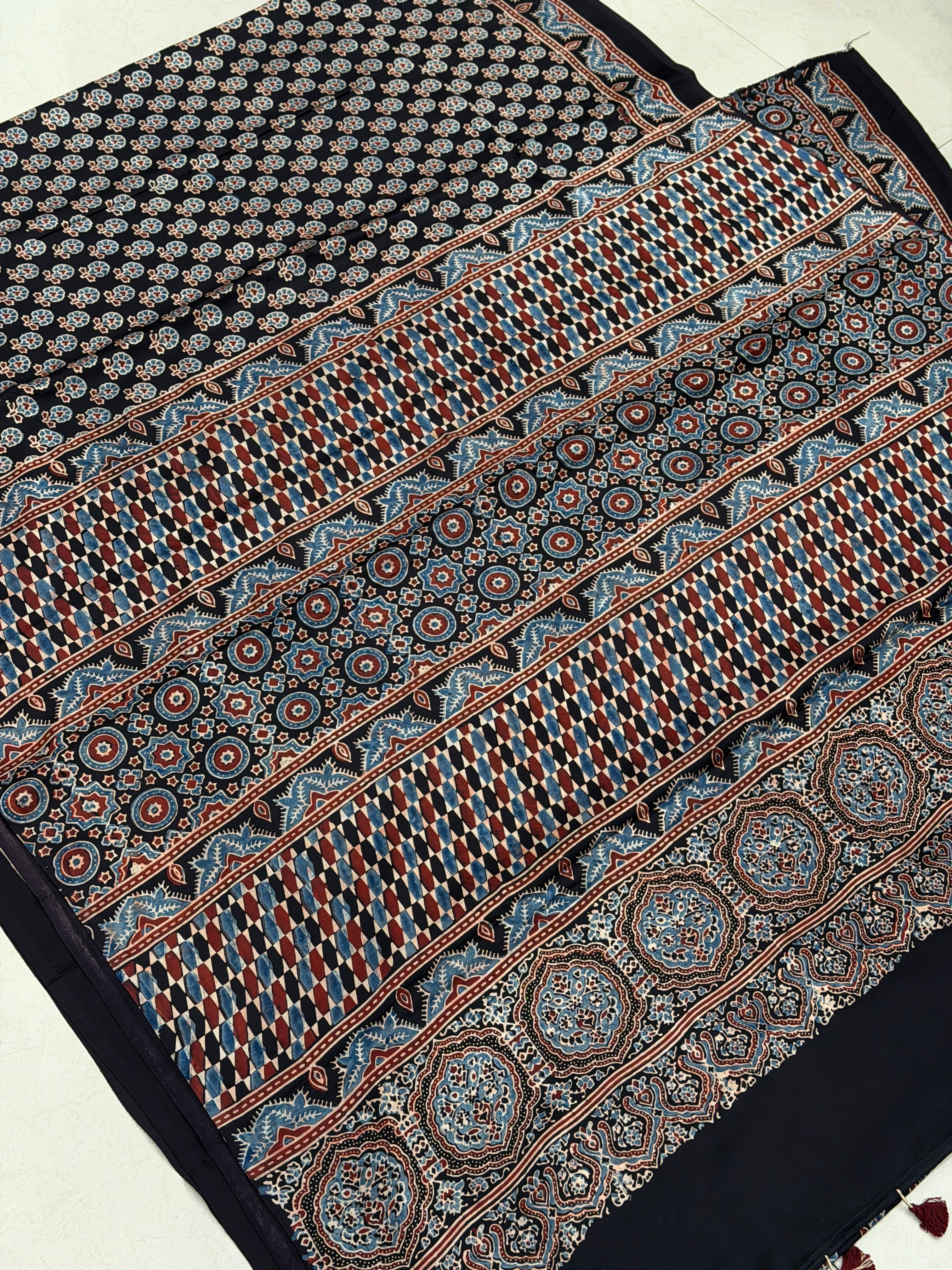Black Small Tree Buttis Ajrakh Hand Block Print Pure Modal Silk Saree