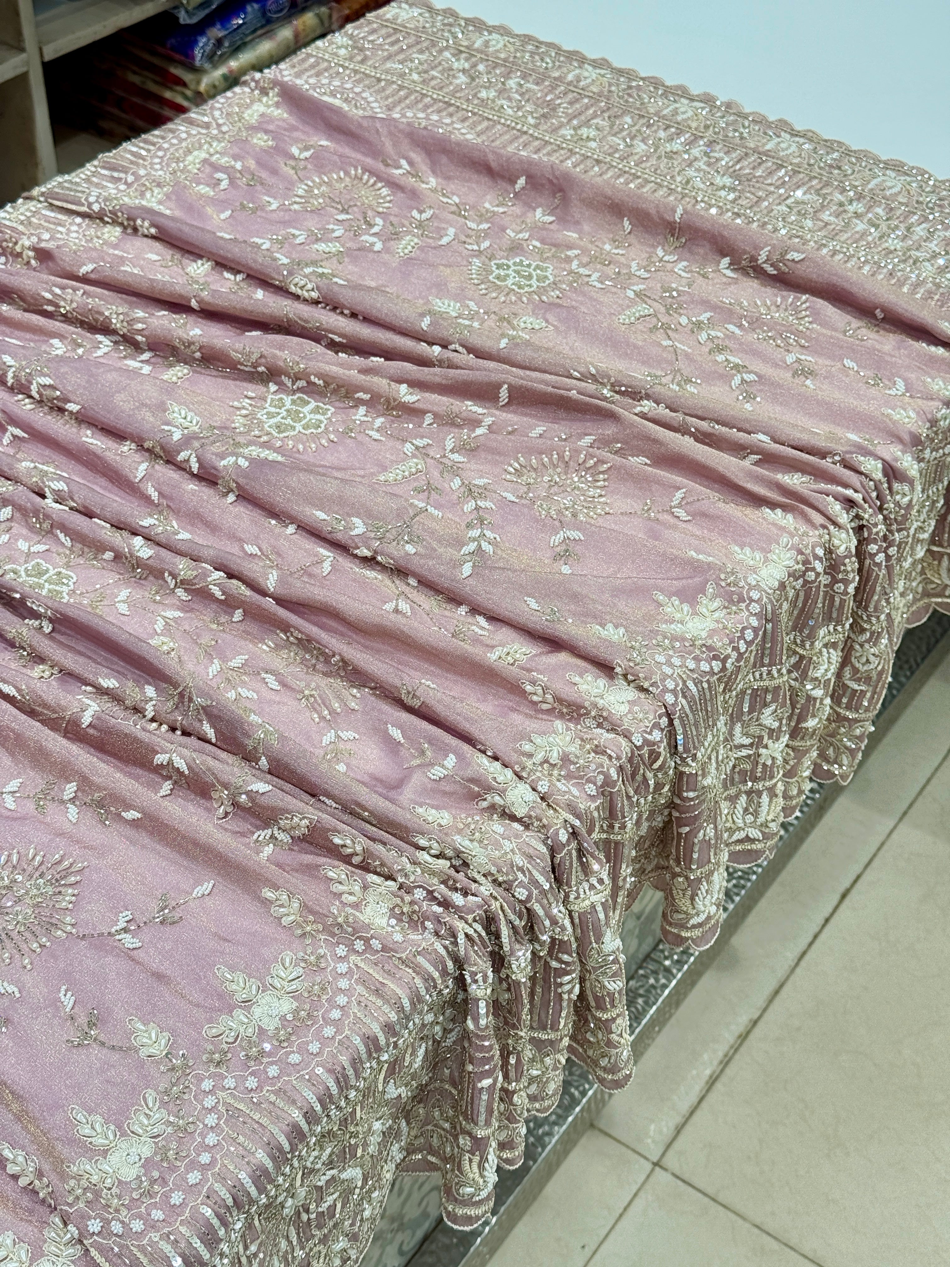 Lilac Crepe Tissue Resham Moti Sequin Hand Embroidery Saree