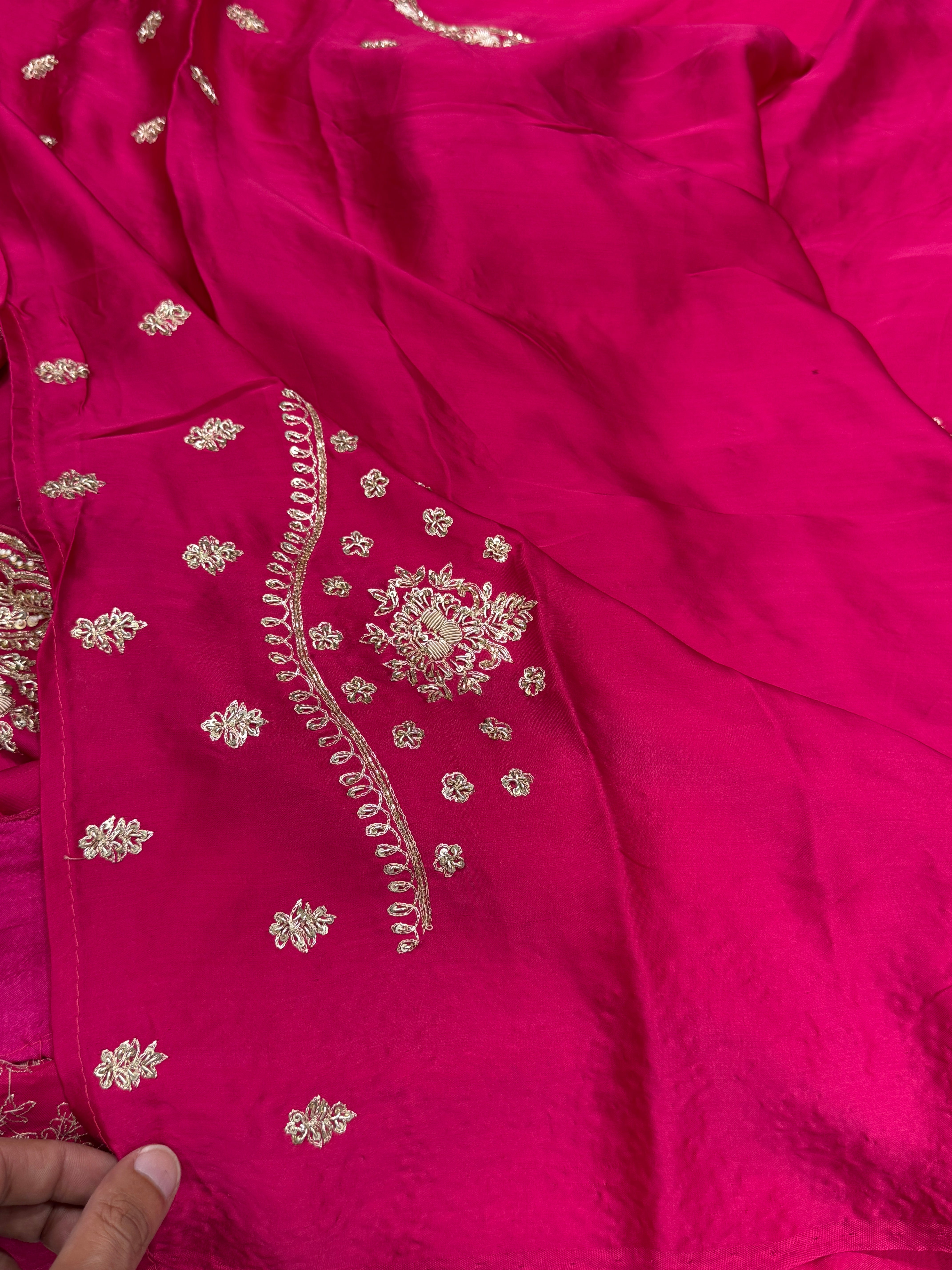 Rani Pink Buttis Satin Hand Embroidery Zardosi Saree