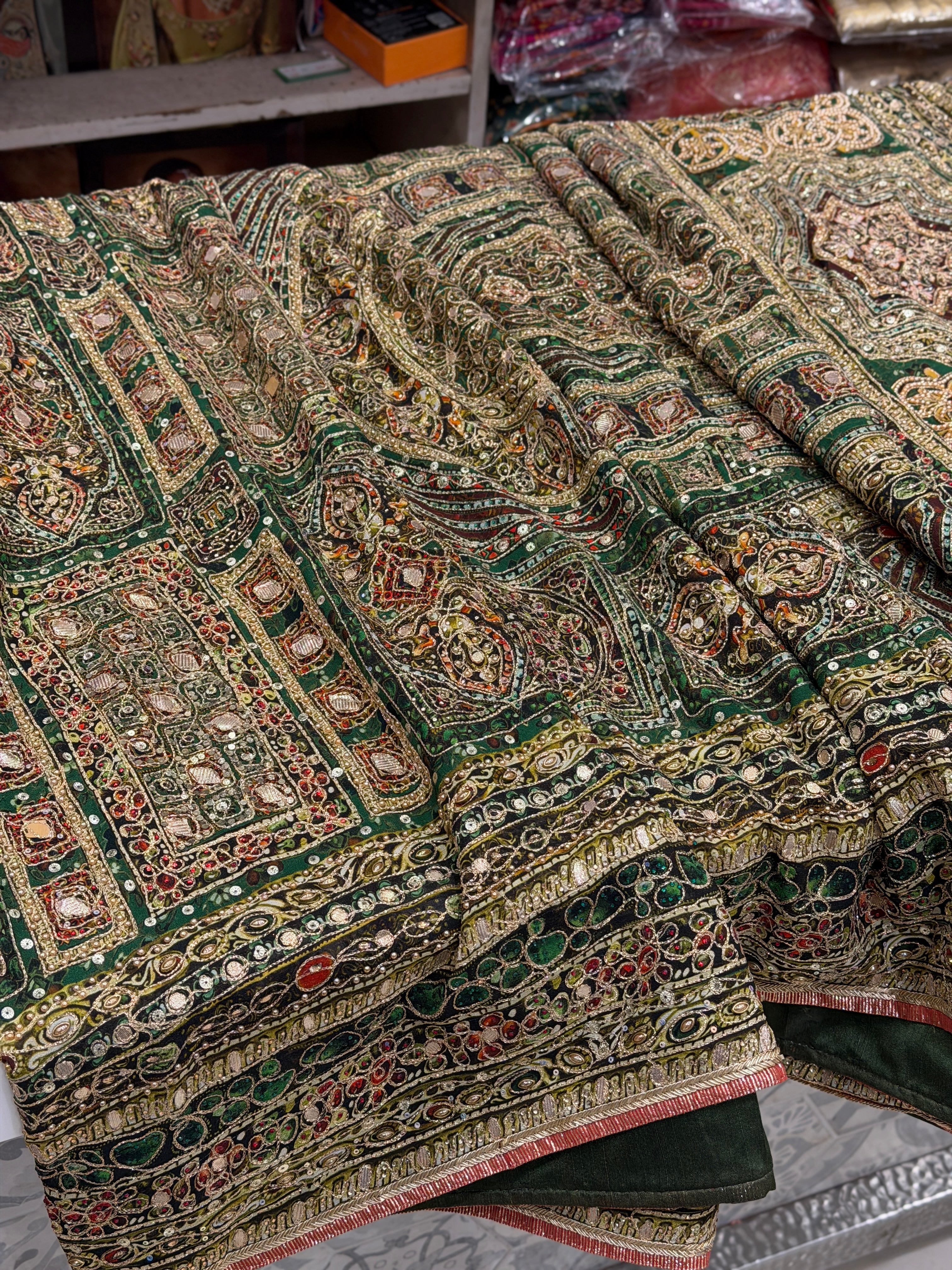 Green TT inspired Banarasi Crepe Hand Embroidery Saree